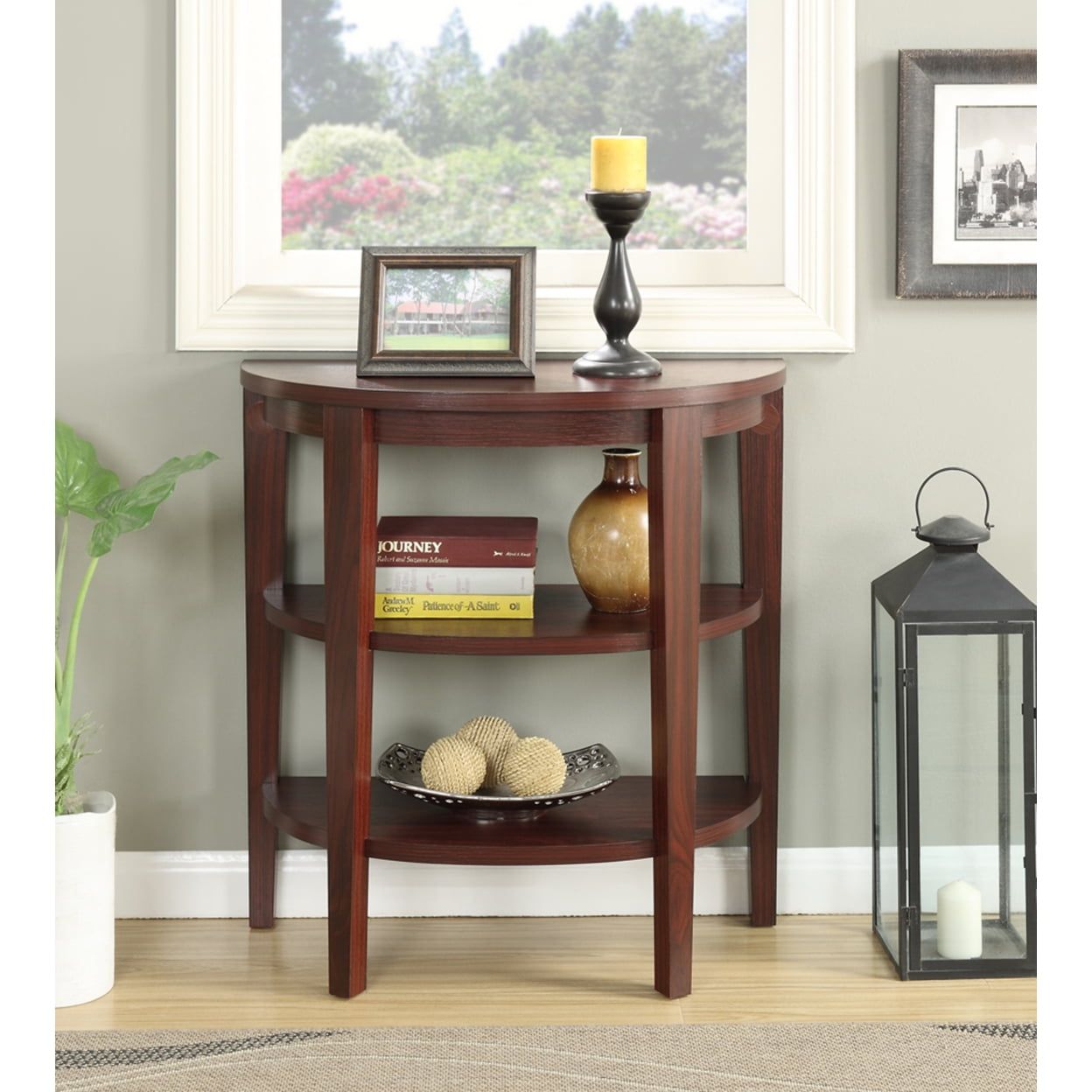 Elegant Mahogany Demilune Console with Dual Storage Shelves