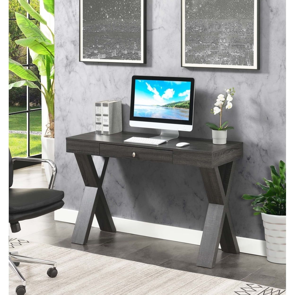 Weathered Gray 48" Contemporary Desk with Crisscross Legs and Drawer