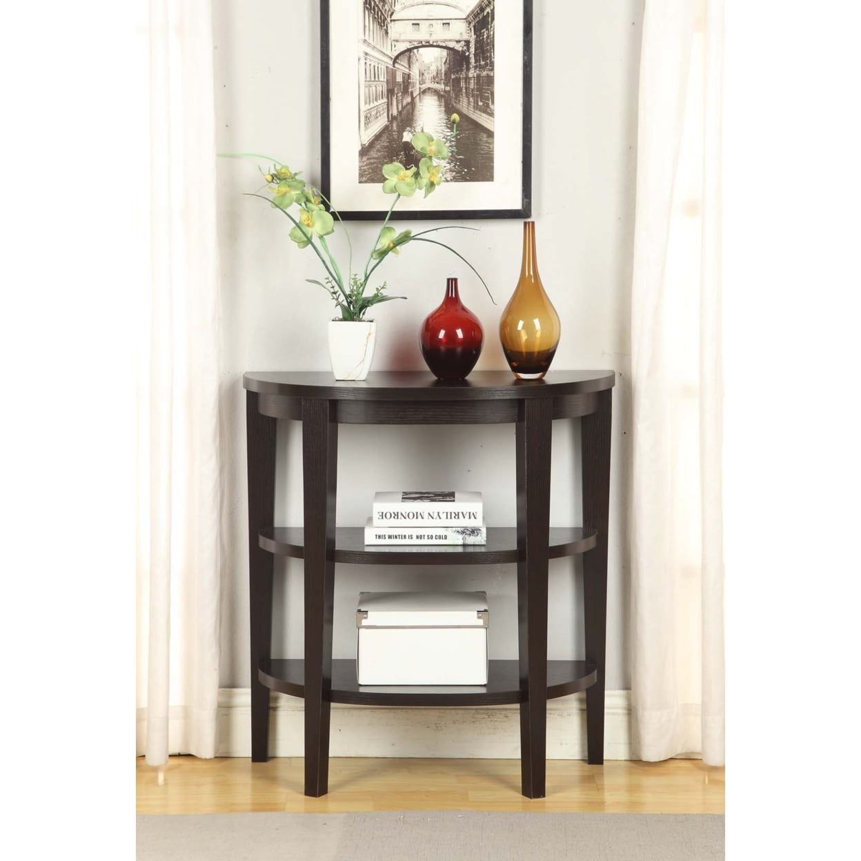 Espresso Woodgrain Demilune Console Table with Storage Shelves