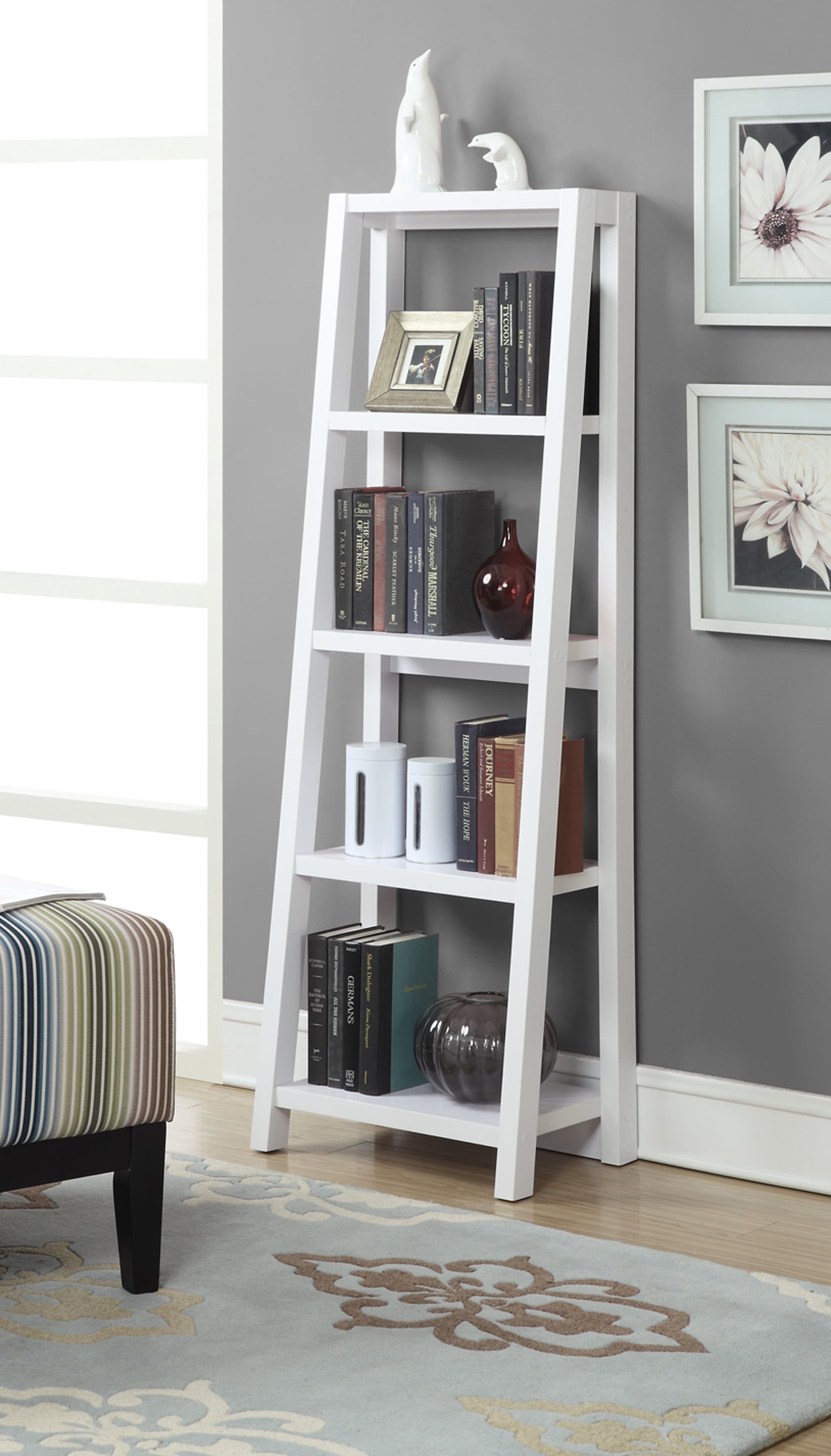 White Wood 5-Tier Ladder Bookcase