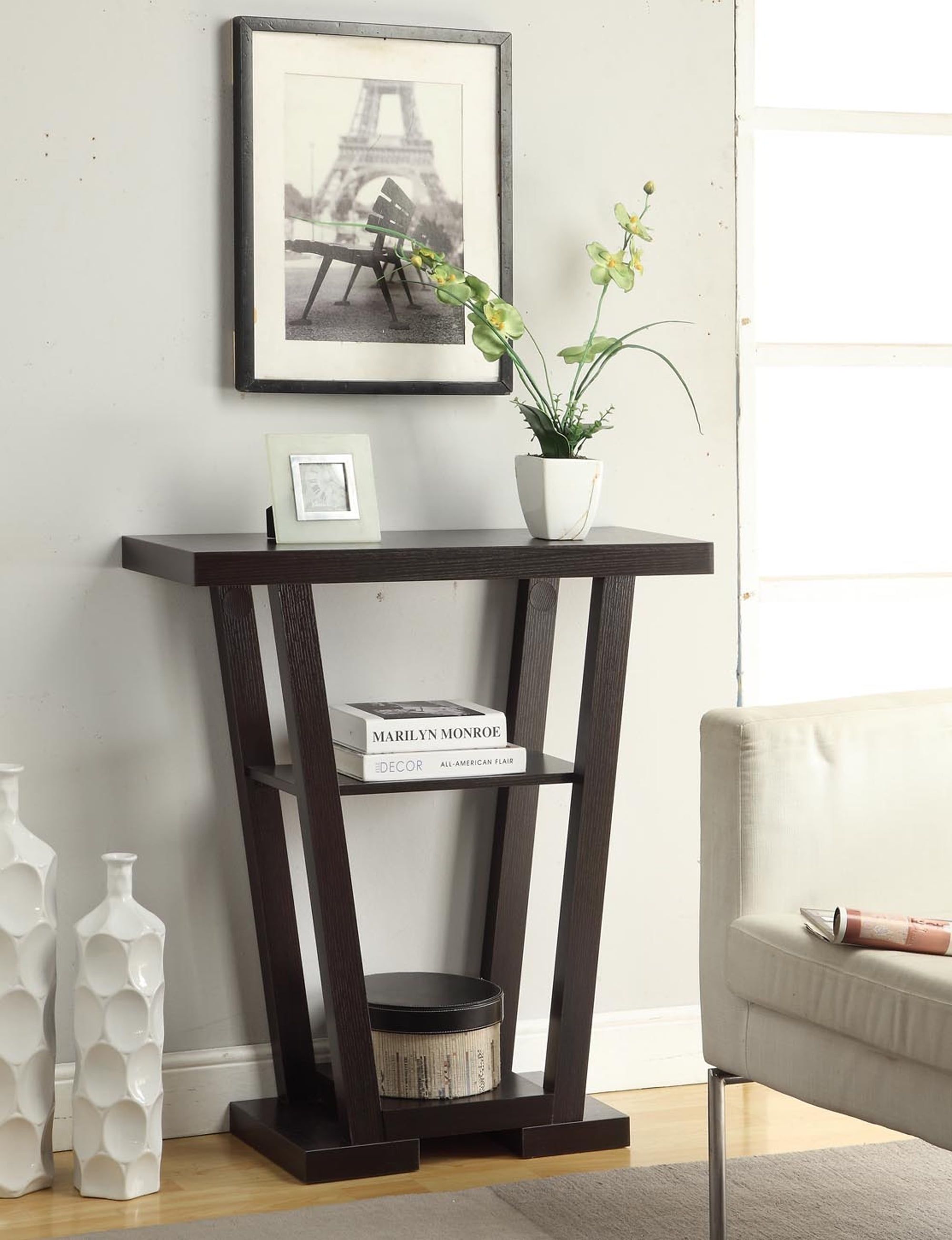 Espresso Wood V-Shape Console Table with Storage Shelves