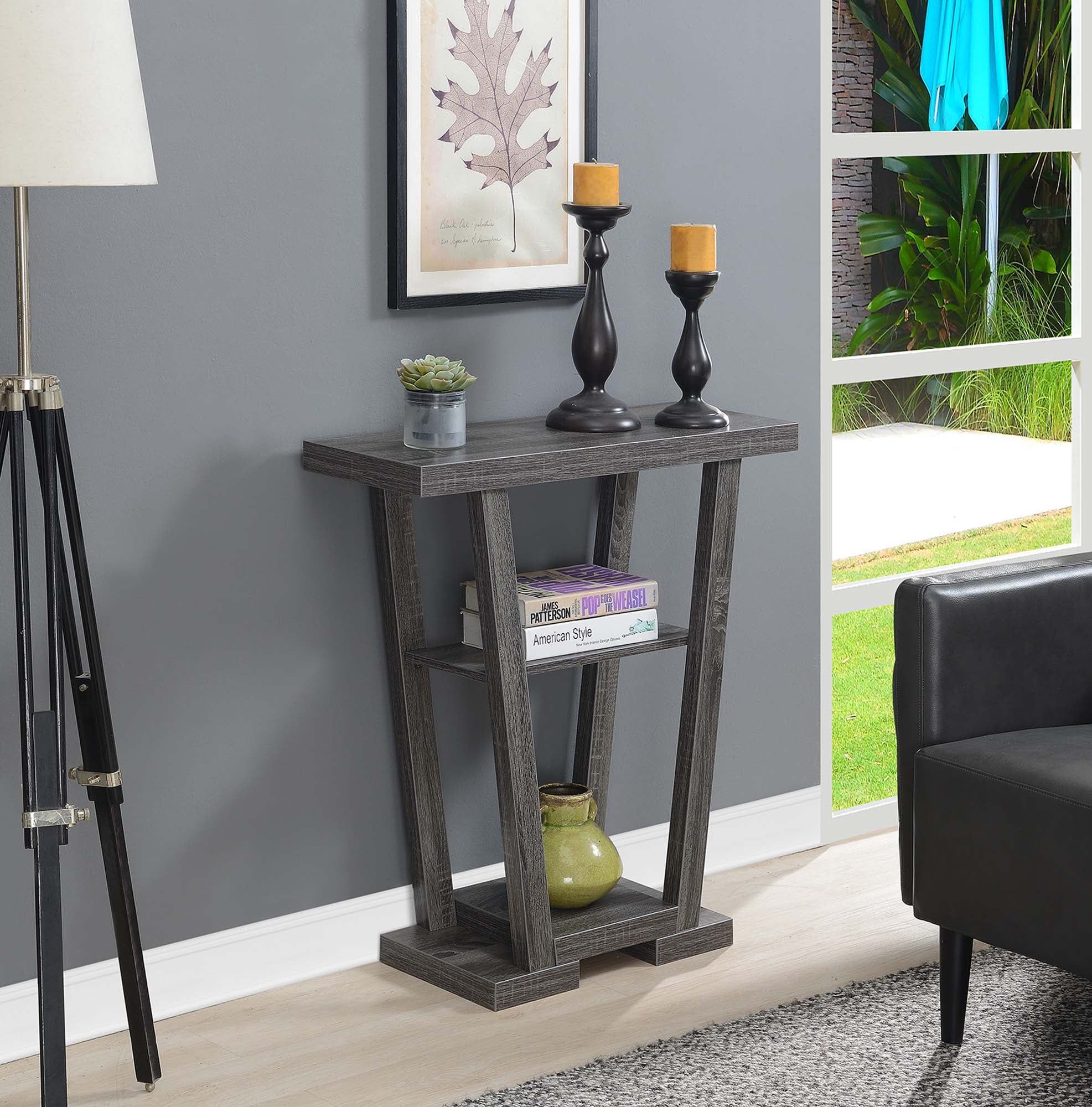 Newport Weathered Gray V-Shaped Console with Spacious Storage