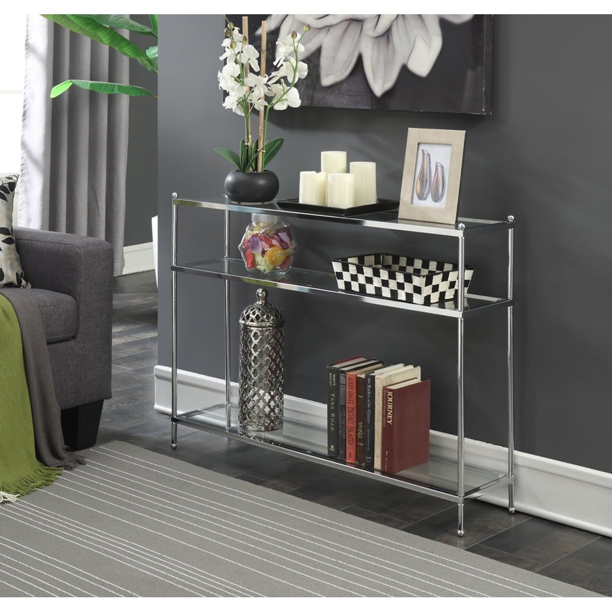 Modern Chrome and Glass Slim Console Table with 3 Tiers