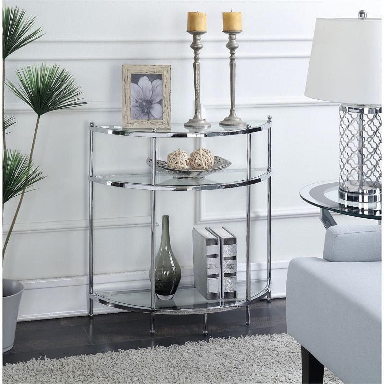 Chrome Demilune 3-Tier Glass Display Entryway Table