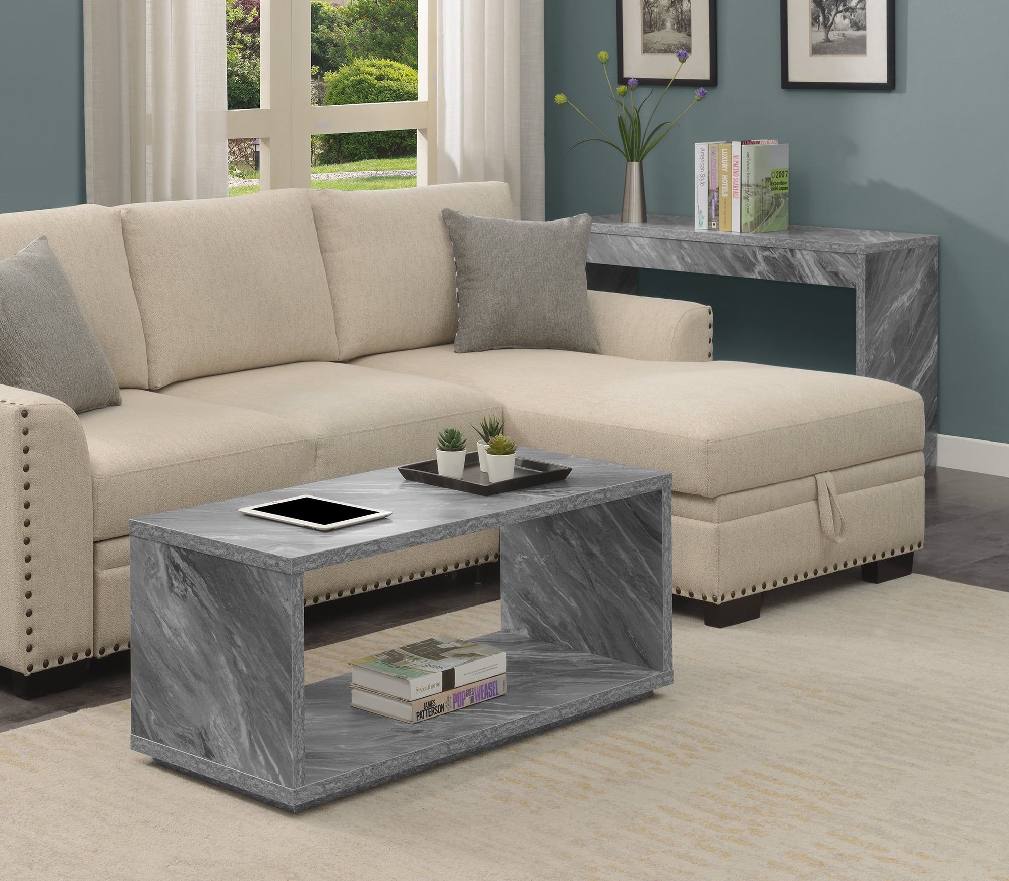 Gray Faux Marble Rectangular Coffee Table with Shelf