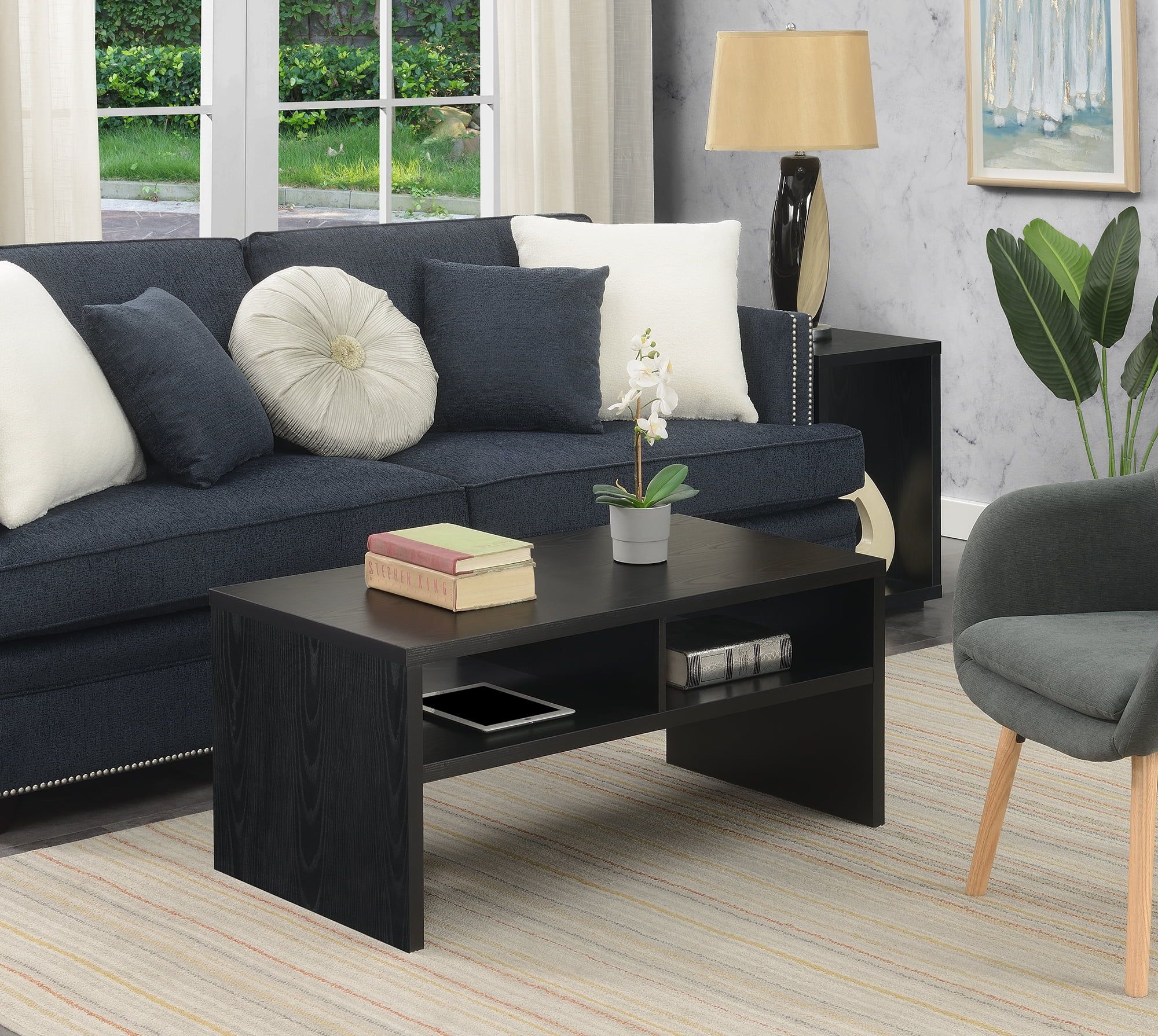 Modern Black Rectangular Coffee Table with Shelving, 40 in