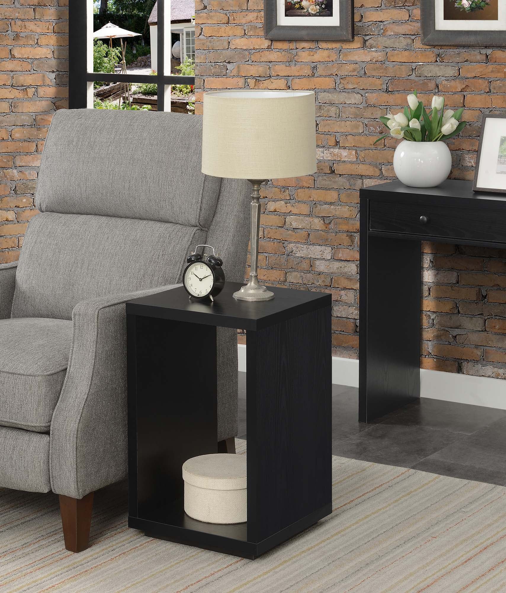 Modern Black Wood & Stone Rectangular End Table with Shelf