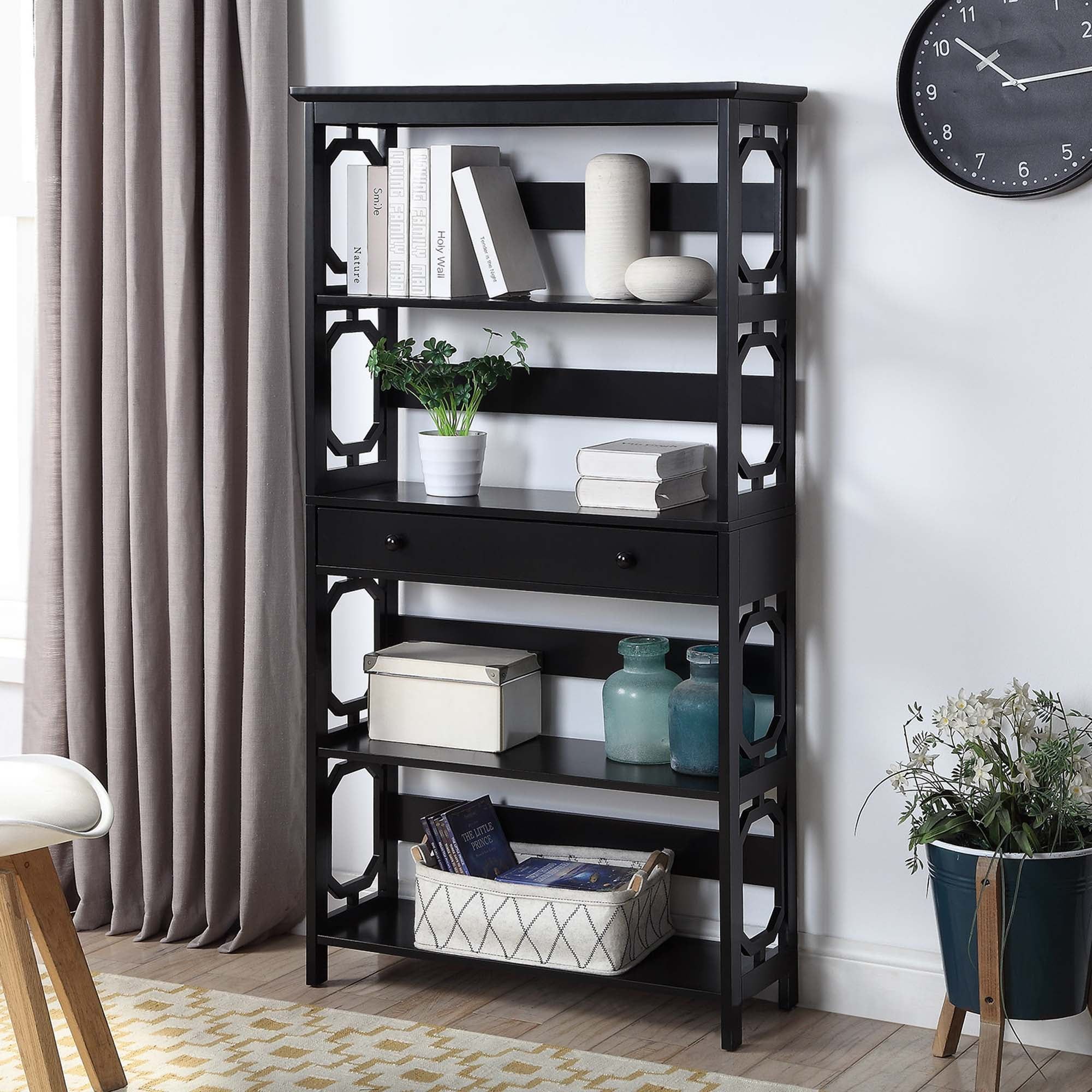 Black Wood 5-Tier Bookcase with Drawer