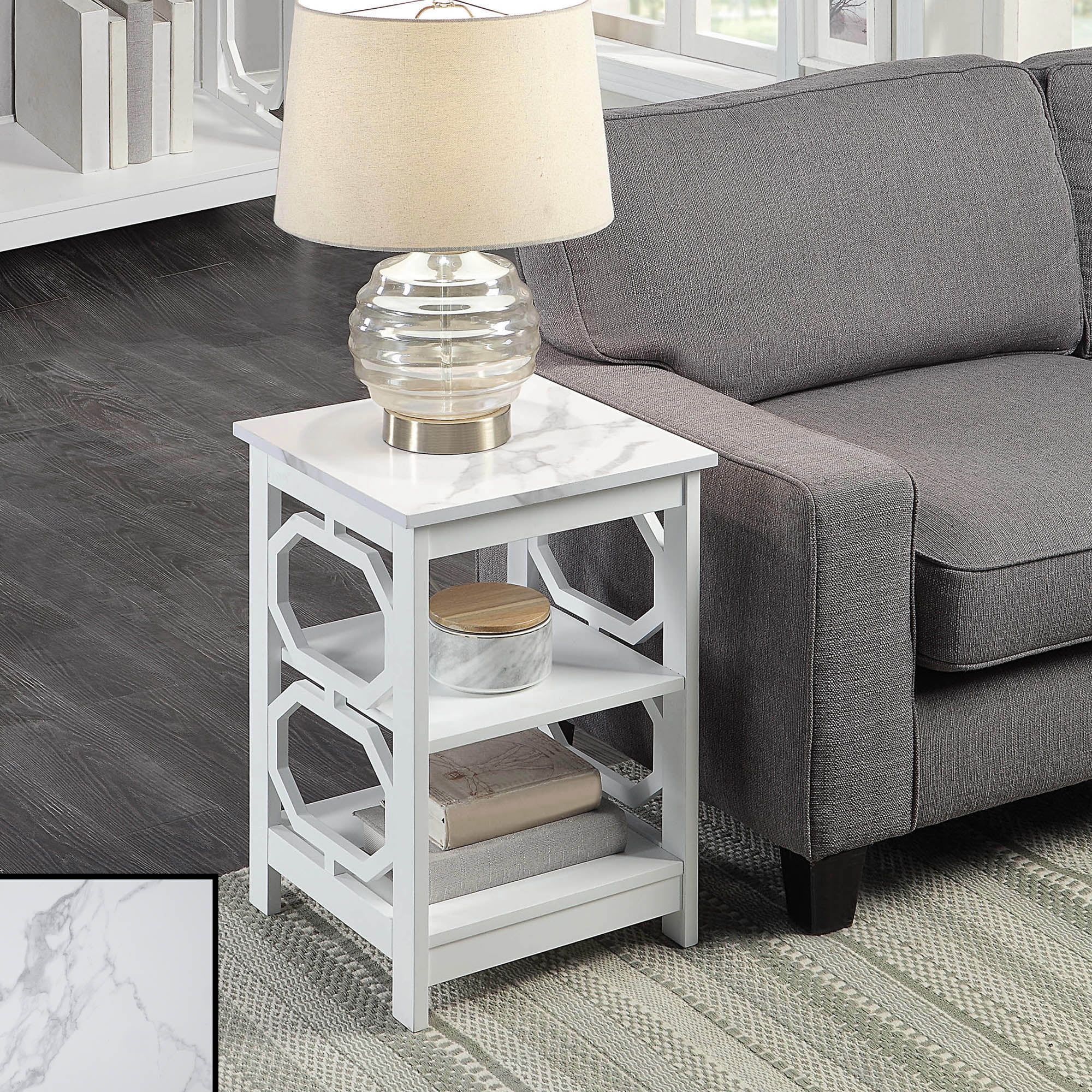 Omega White Faux Marble 3-Tier Geometric End Table