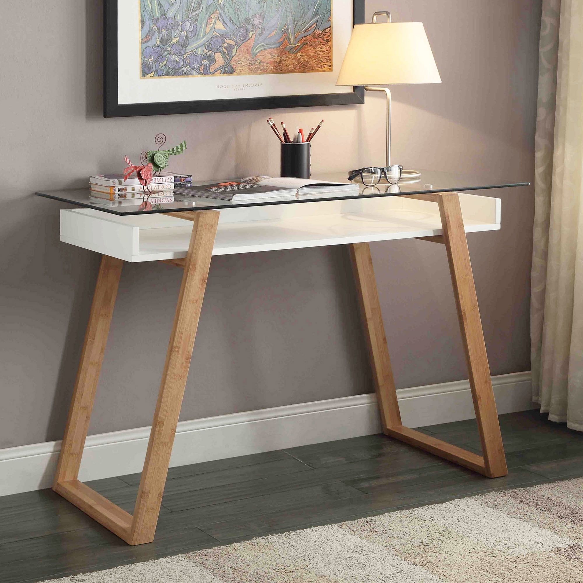 White Glass and Bamboo Mid-Century Modern Desk with Shelf