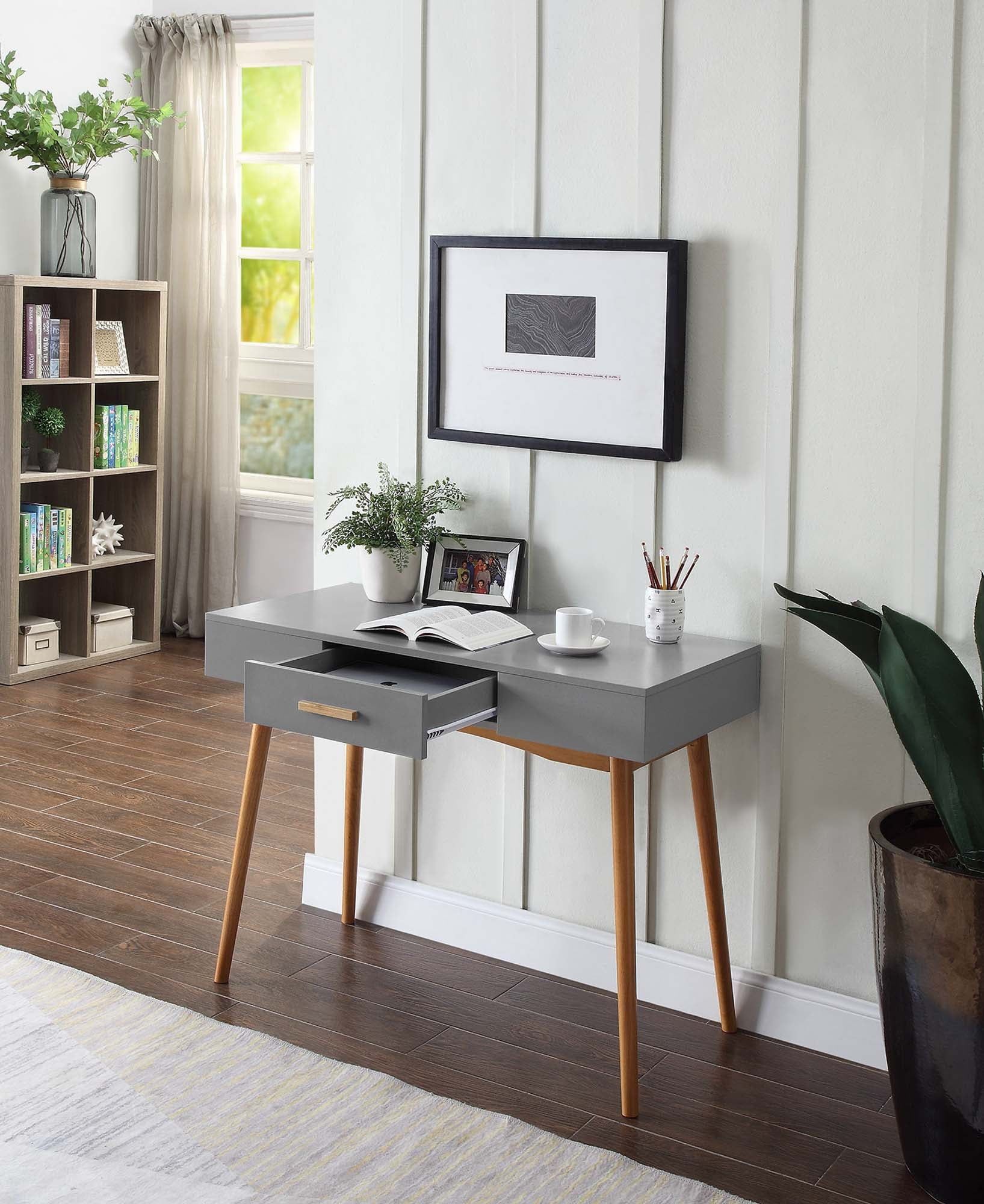 Oslo Mid-Century Gray Writing Desk with Bamboo Handle and Drawer