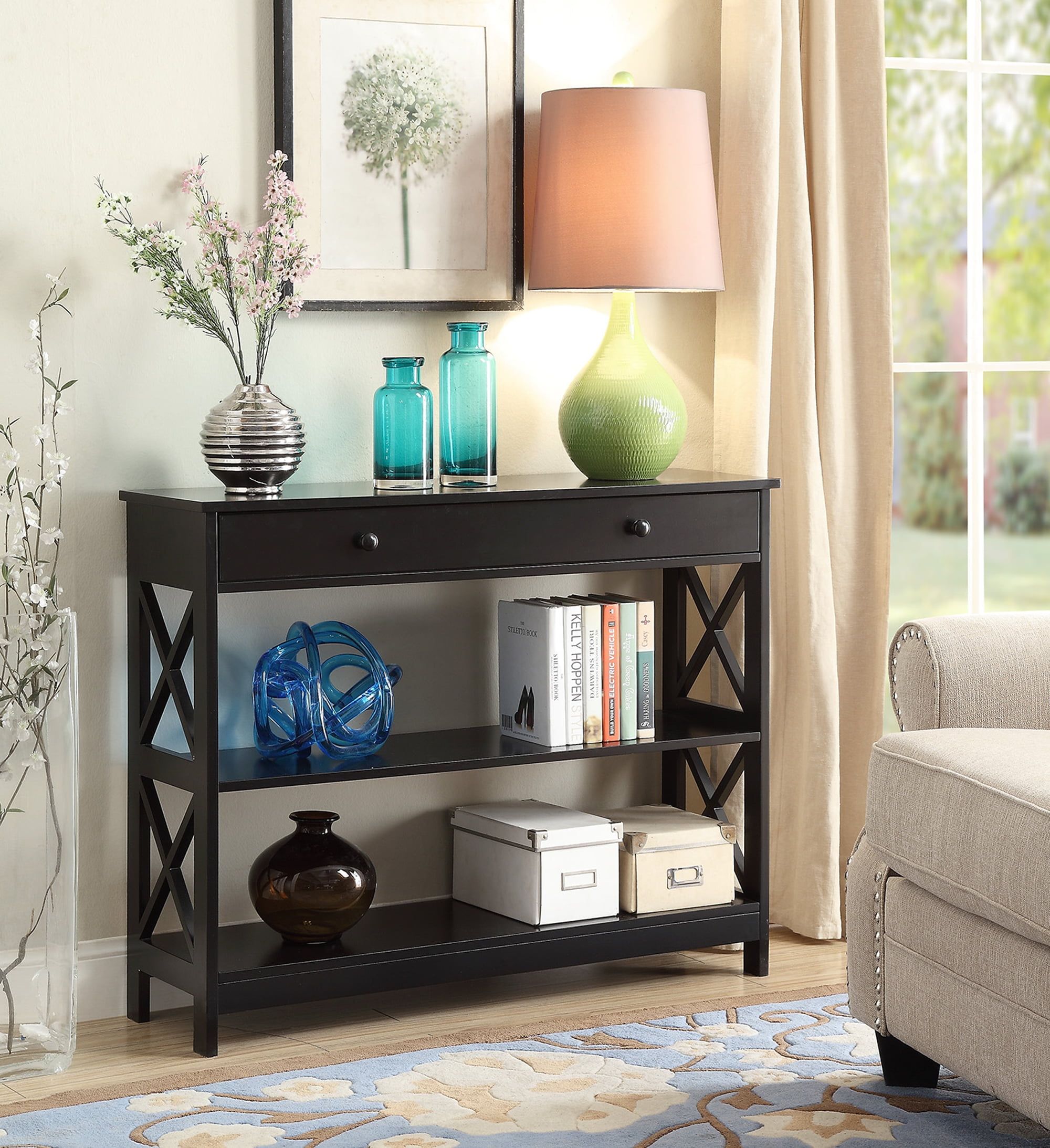 Oxford Transitional Black Wood Console Table with Drawer and Shelves