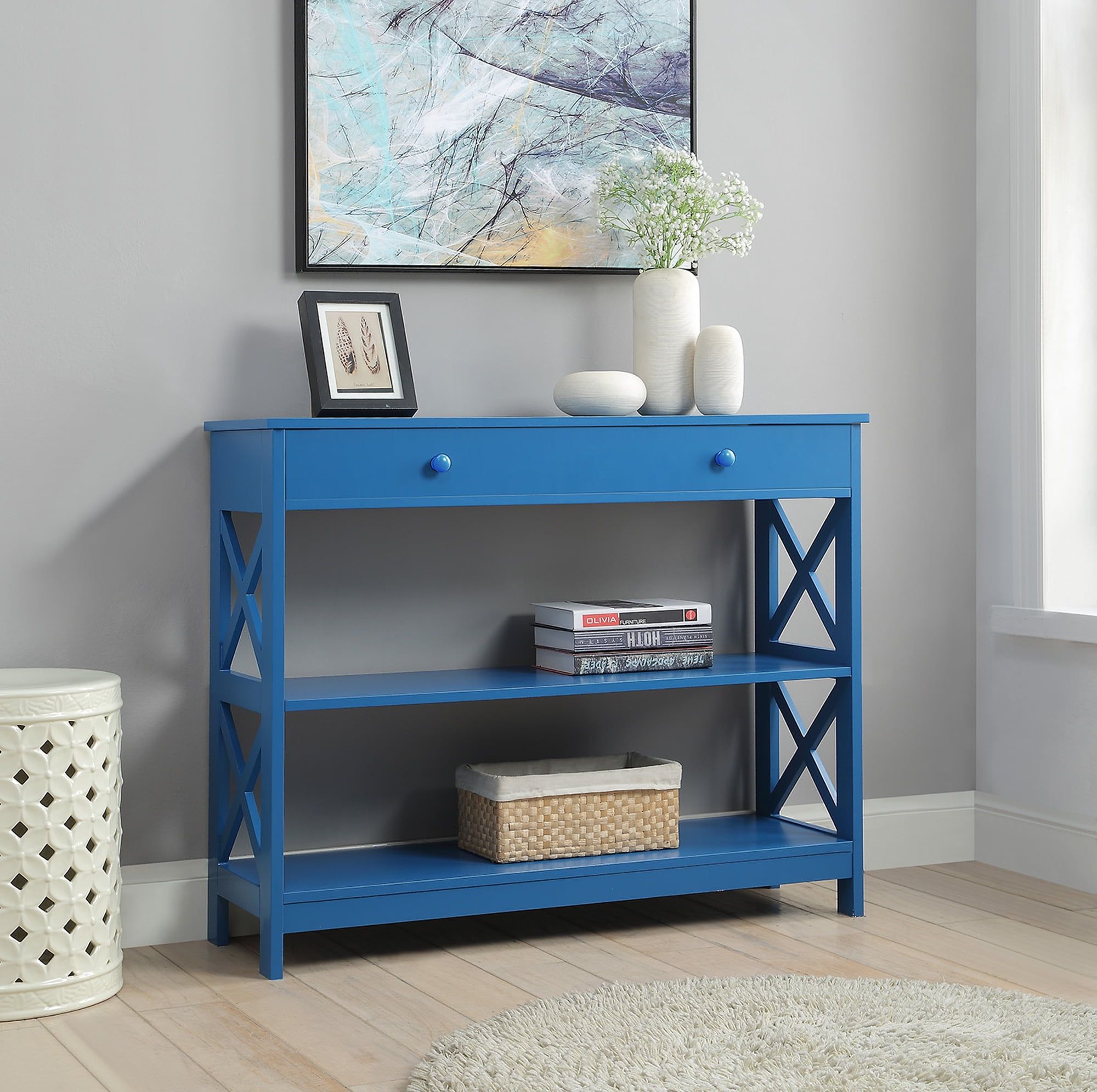 Modern Oxford Blue Console Table with Drawer and Shelves