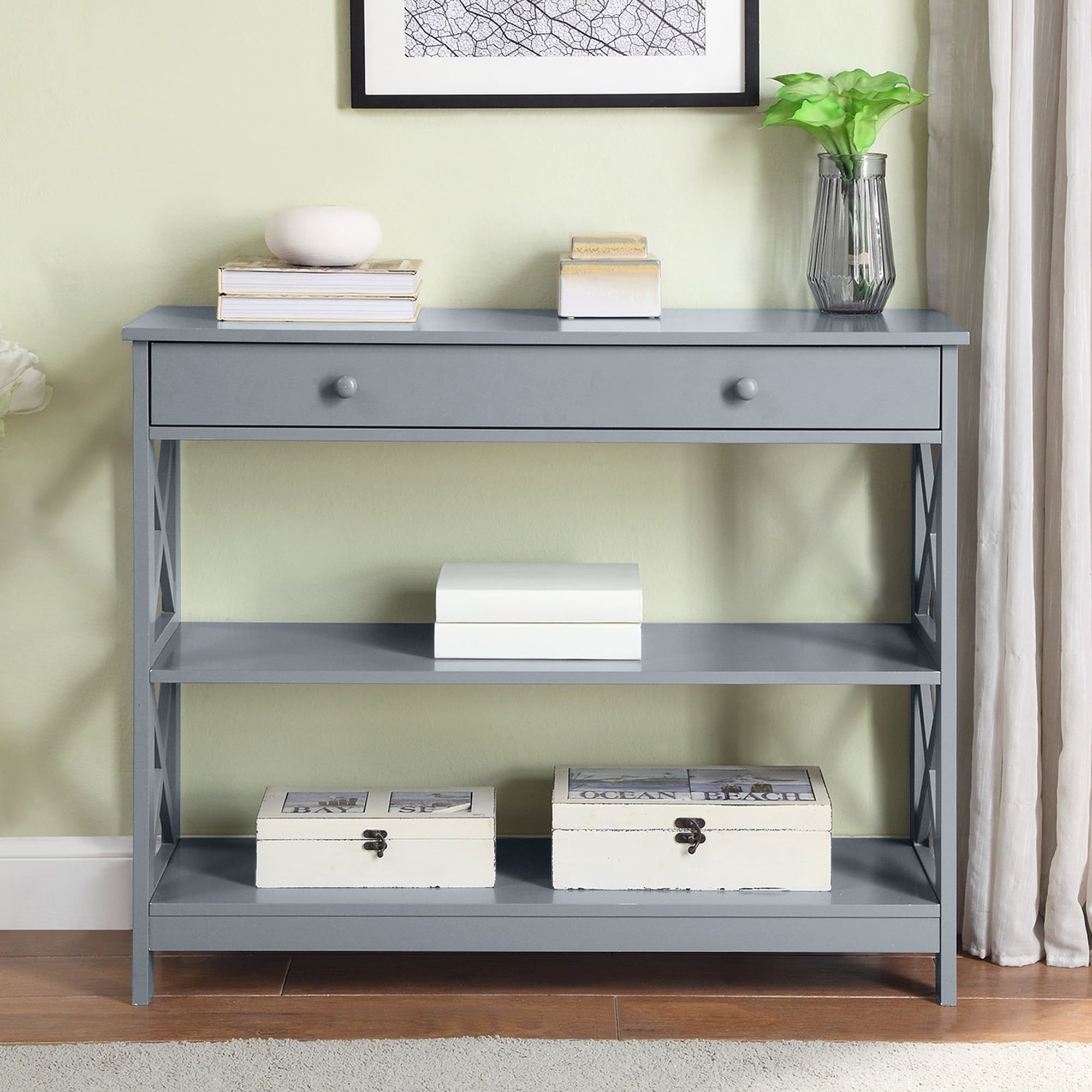 Oxford Gray 40" Wood Console Table with Storage Shelf and Drawer