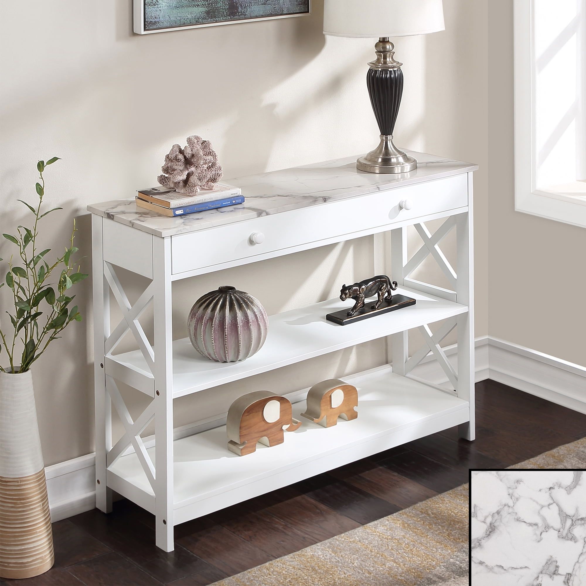 Oxford White Faux Marble Console Table with Storage Shelves