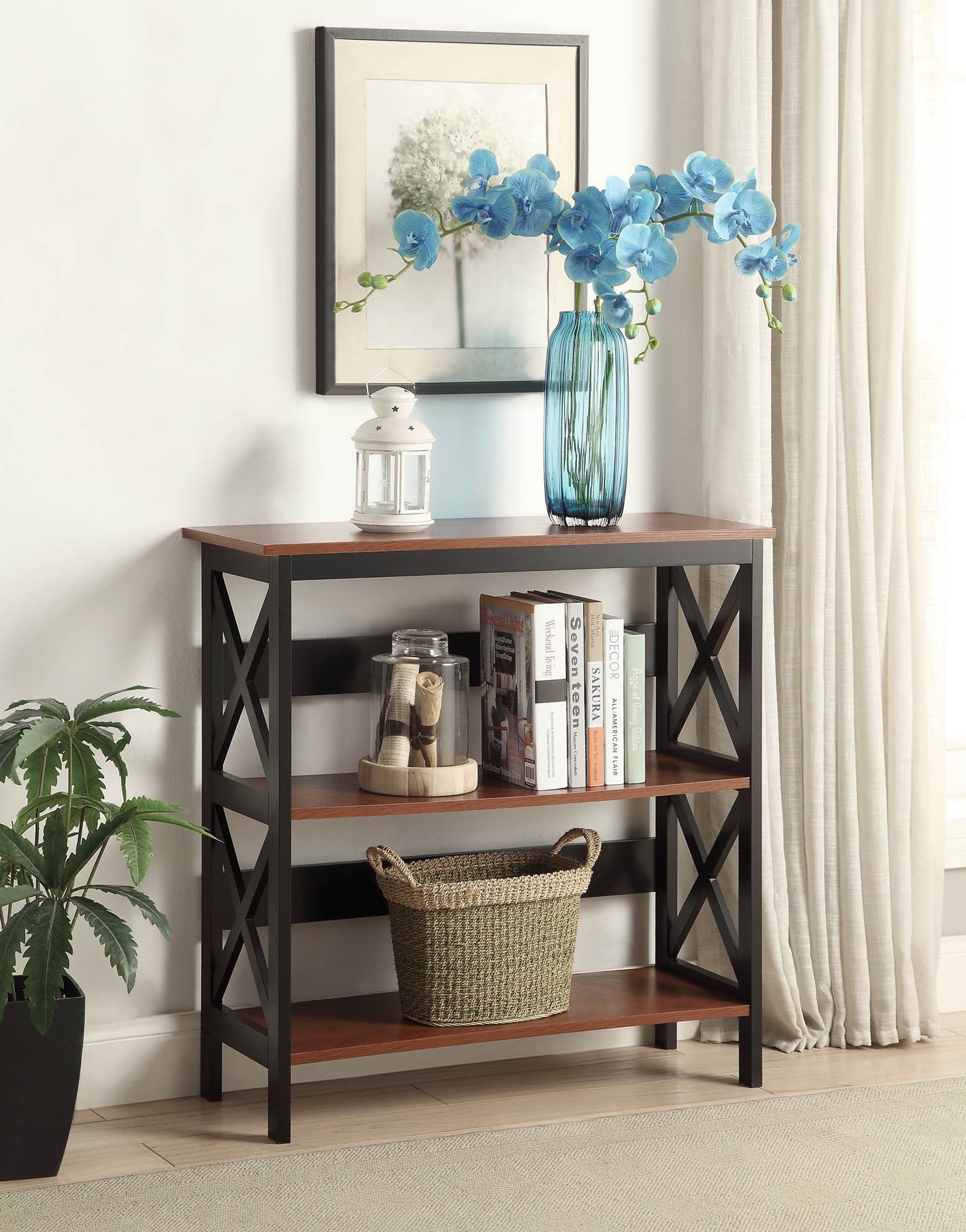 Oxford Black 3-Tier Modern Bookcase with X-Pattern