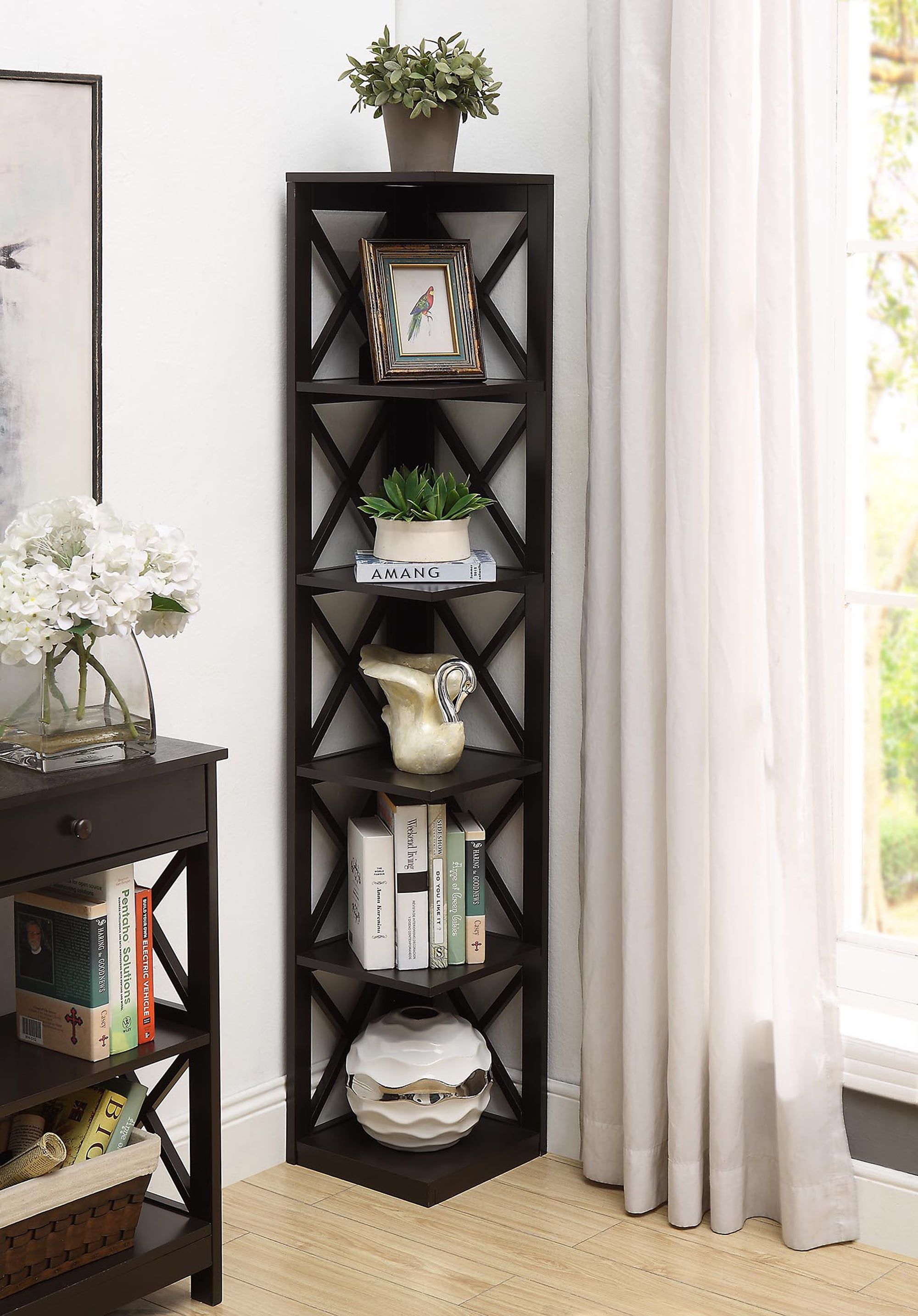 Espresso 5-Tier Corner Bookcase with Crossed X Design