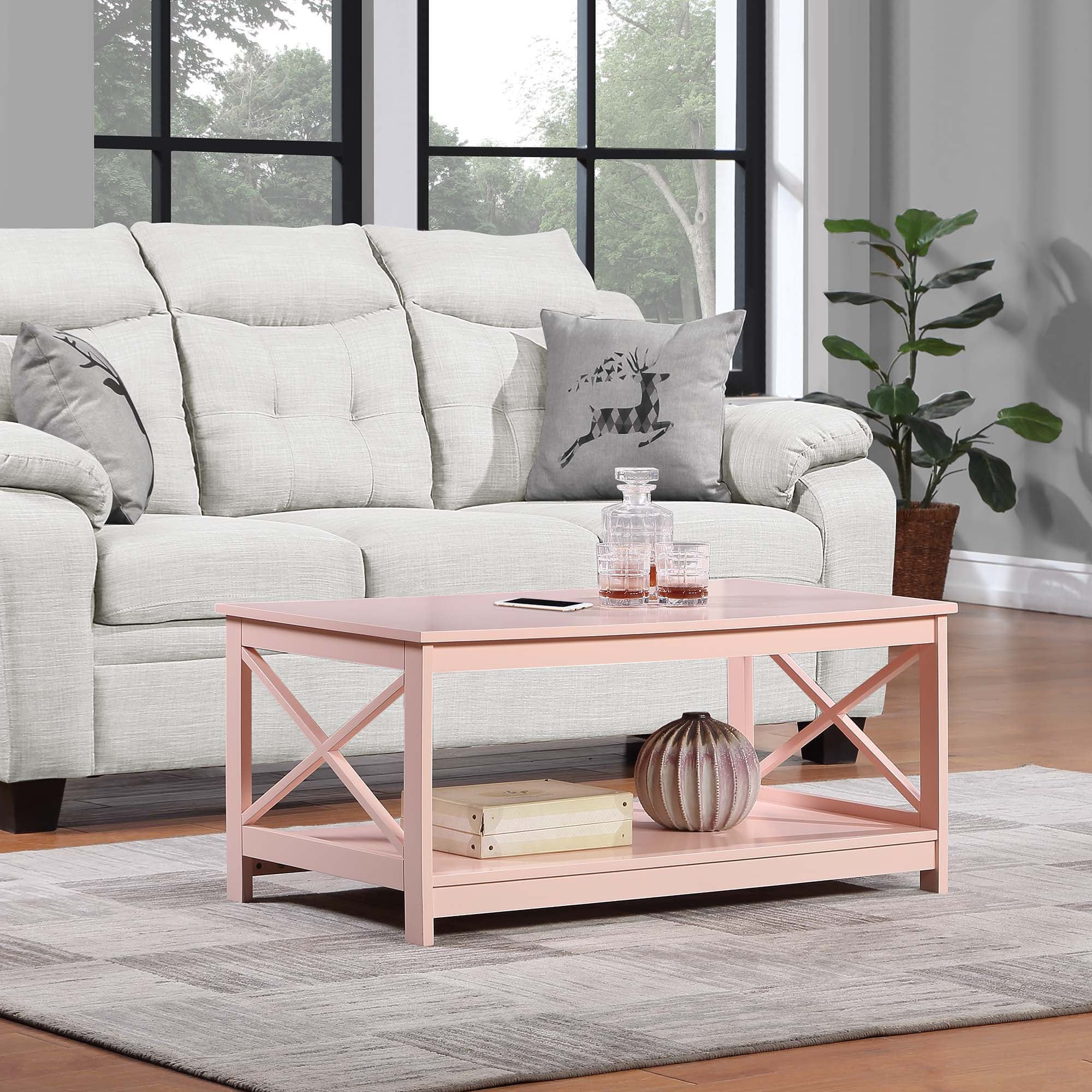 Blush Pink Rectangular Wood Coffee Table with Storage Shelf