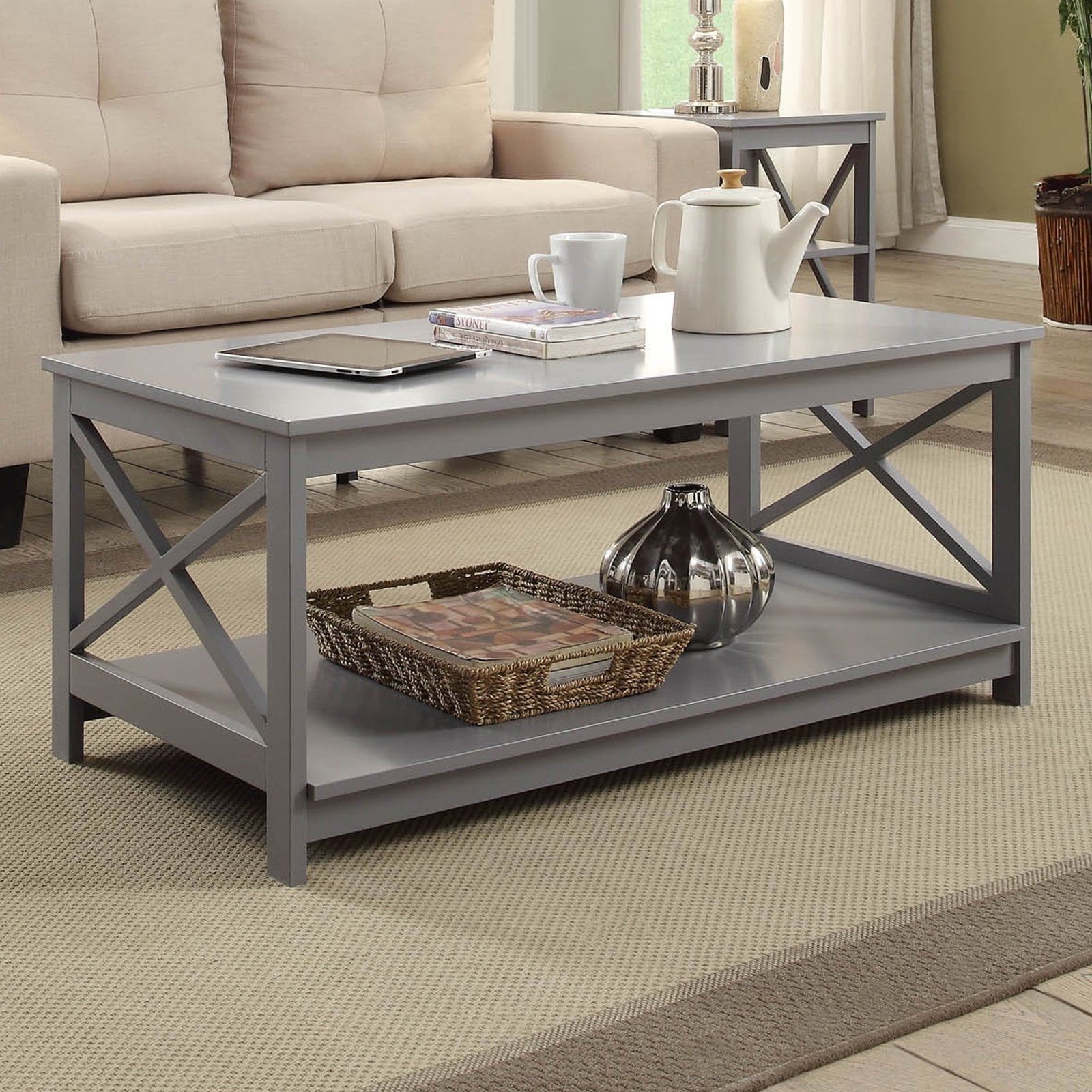 Coastal Farmhouse Gray Rectangular Wood Coffee Table with Shelf