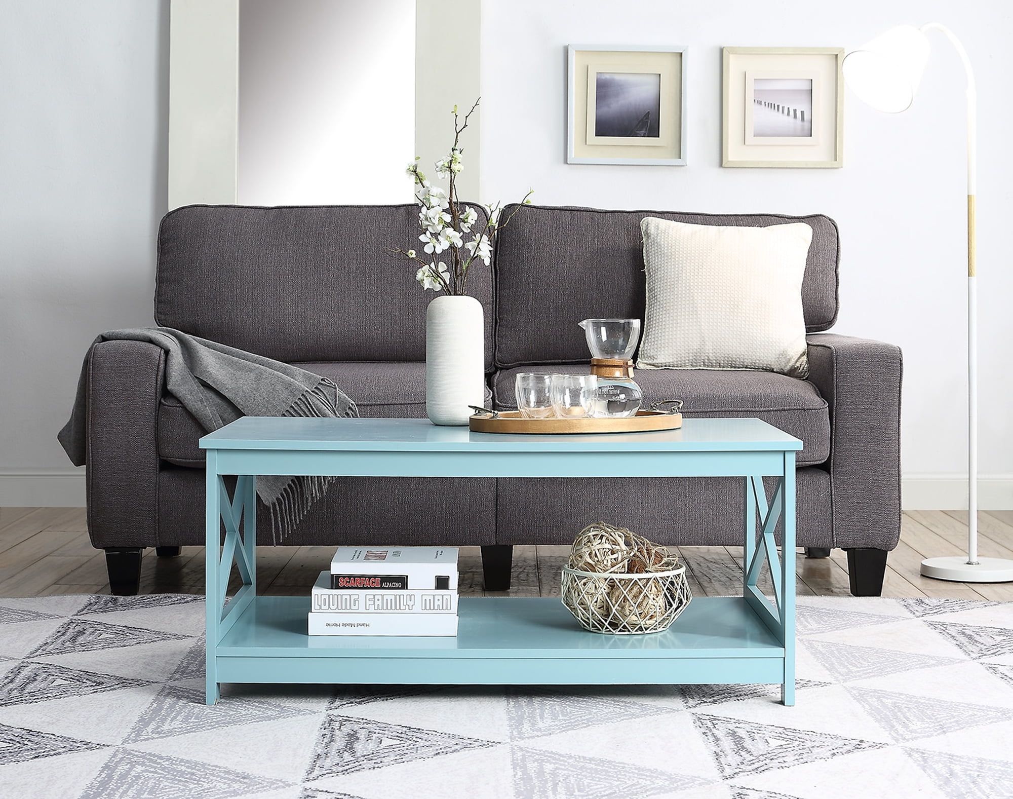 Sea Foam Blue Rectangular Wood Coffee Table with Shelf