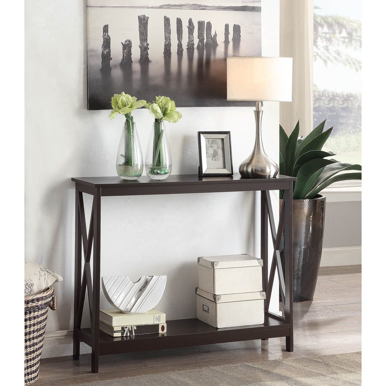 Espresso Wood Finish Oxford Console Table with Dual Storage Shelves