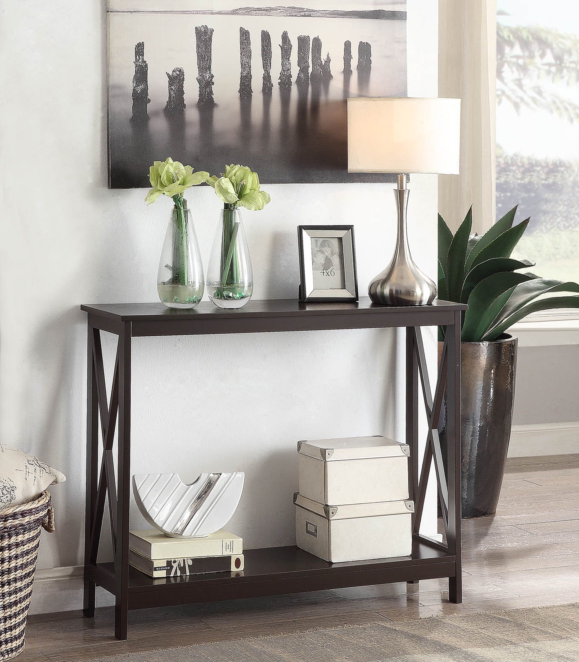 Espresso Wood Finish Oxford Console Table with Dual Storage Shelves