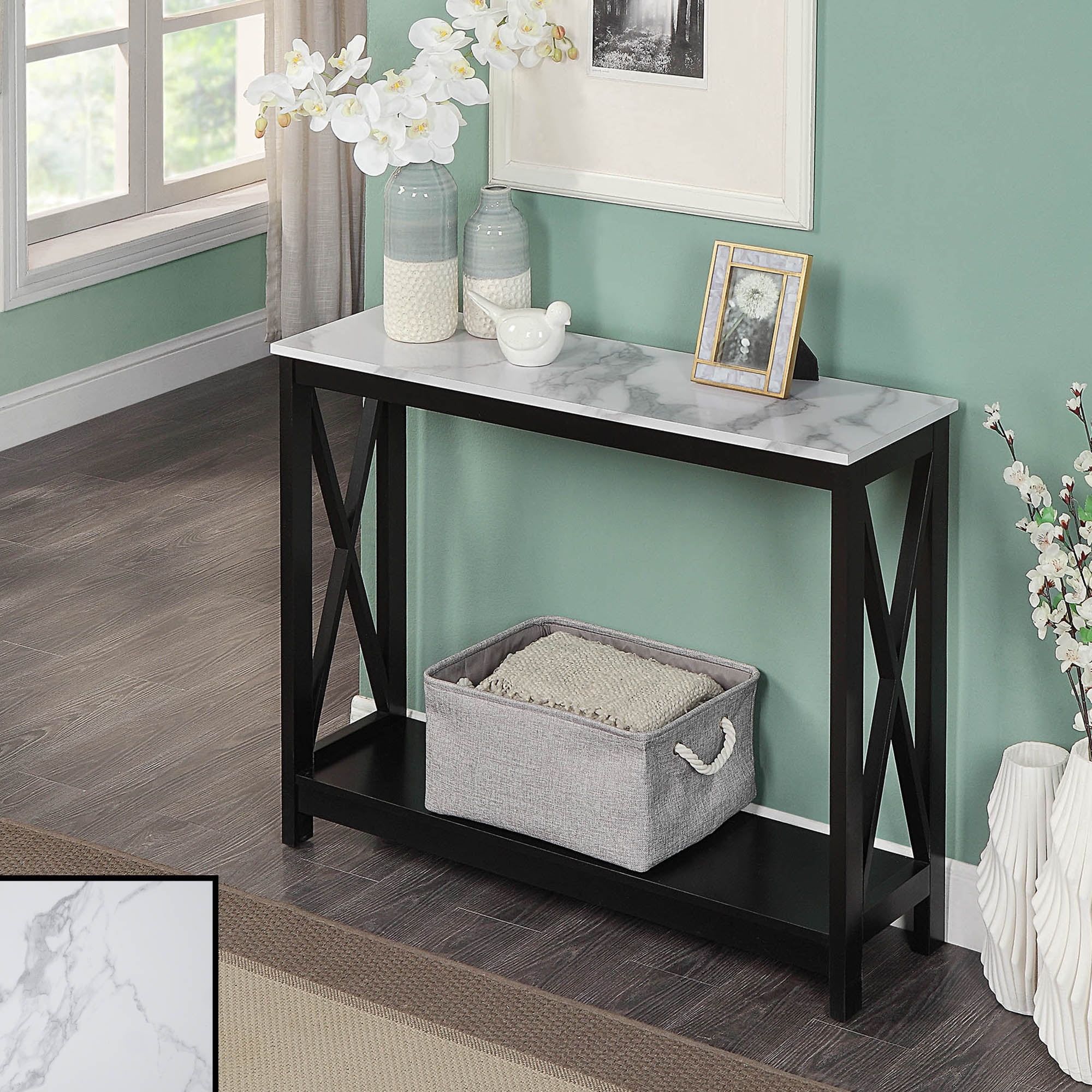 White Faux Marble and Black Console Table with Shelf