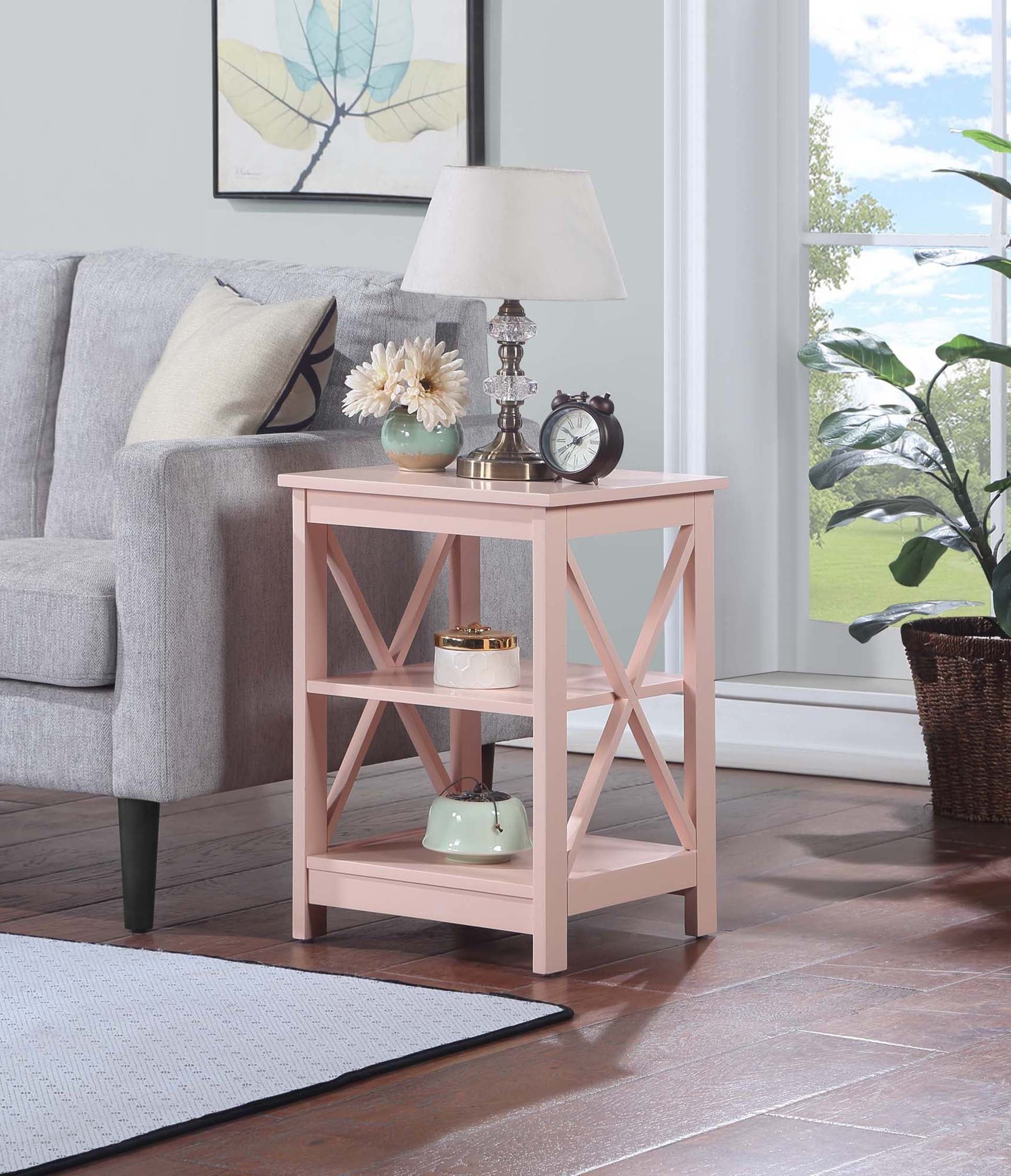 Oxford Coastal Farmhouse Blush Pink Wood End Table with Shelves