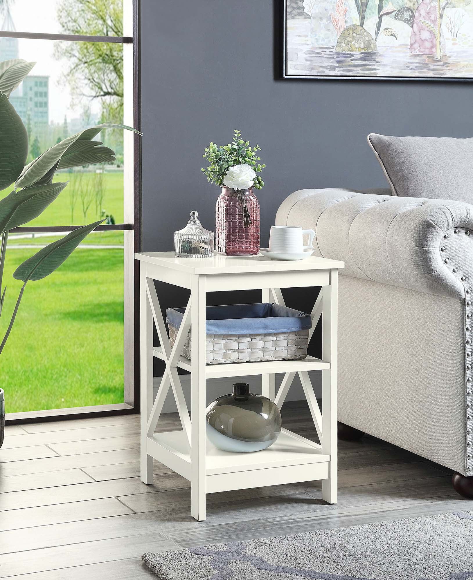 Ivory Rectangular Wood End Table with Shelves