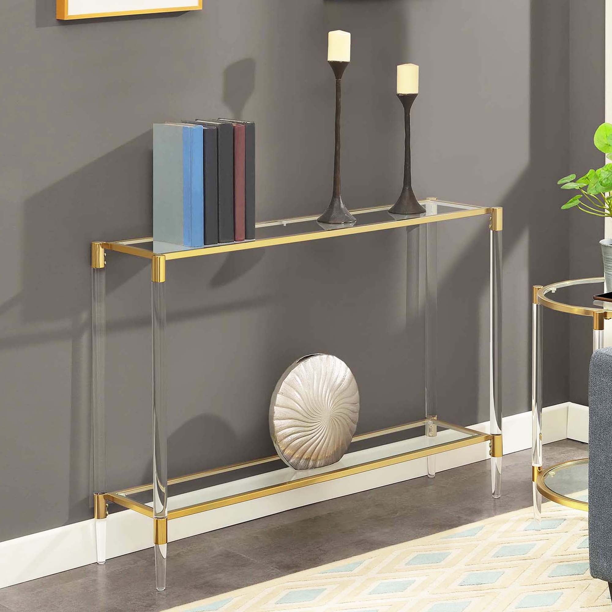 Elegant Gold Chrome and Clear Glass 2-Tier Console Table with Acrylic Legs