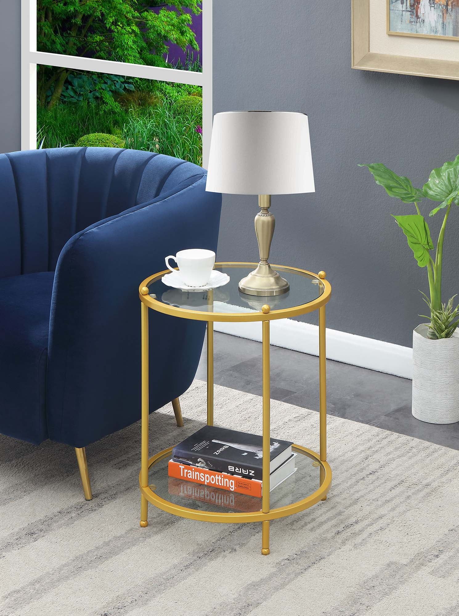 Gold and Clear Glass Round End Table with Shelf