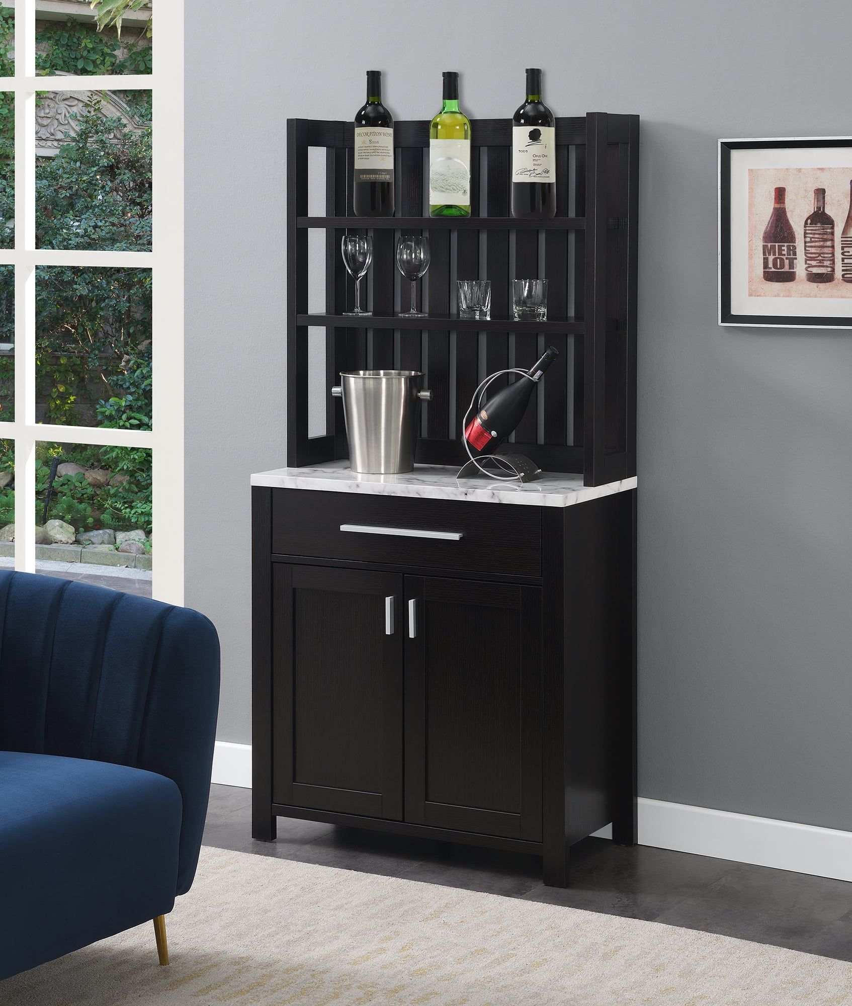 Espresso Wine Bar with White Faux Marble Top and Storage