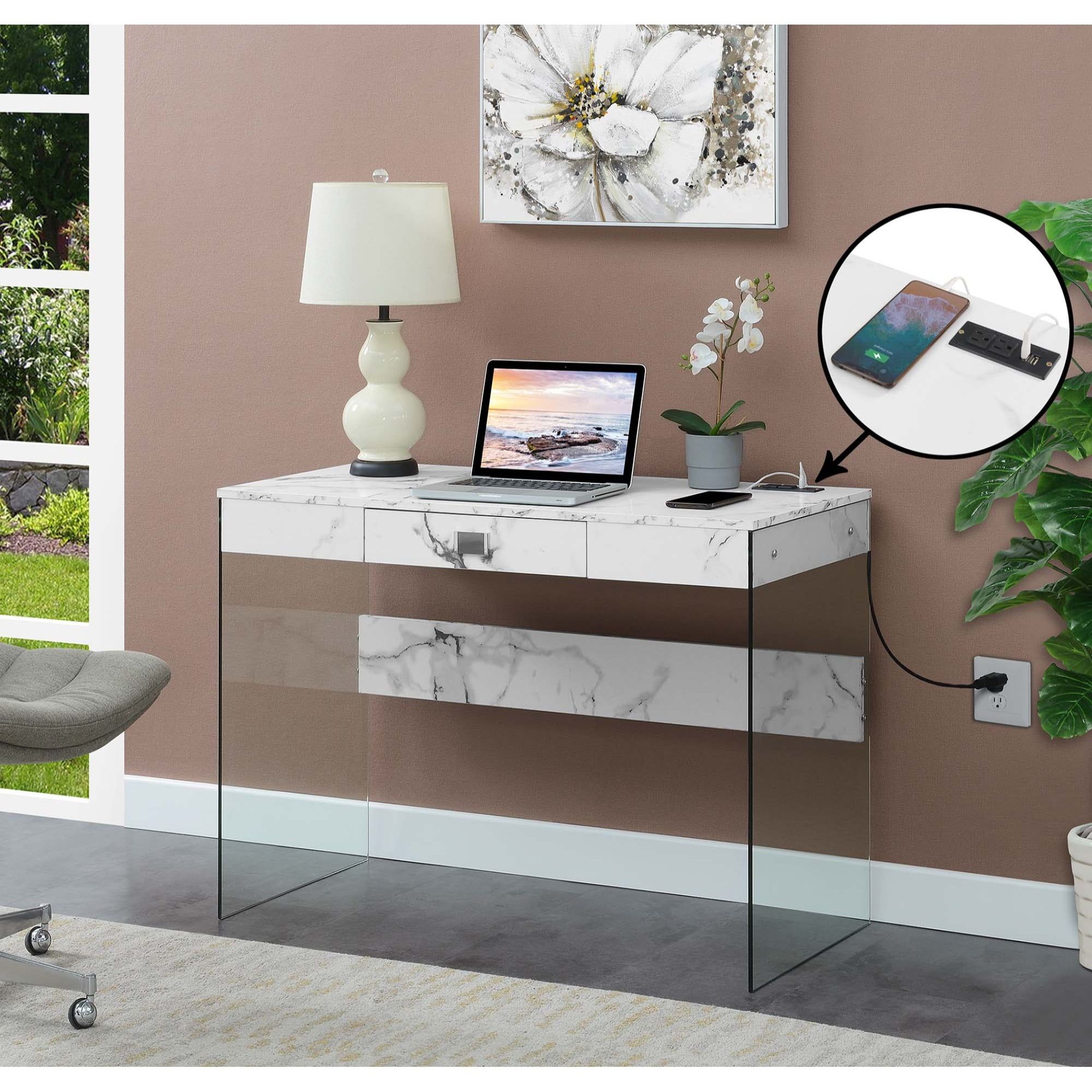 Modern 42" White Faux Marble Desk with USB Charging Drawer