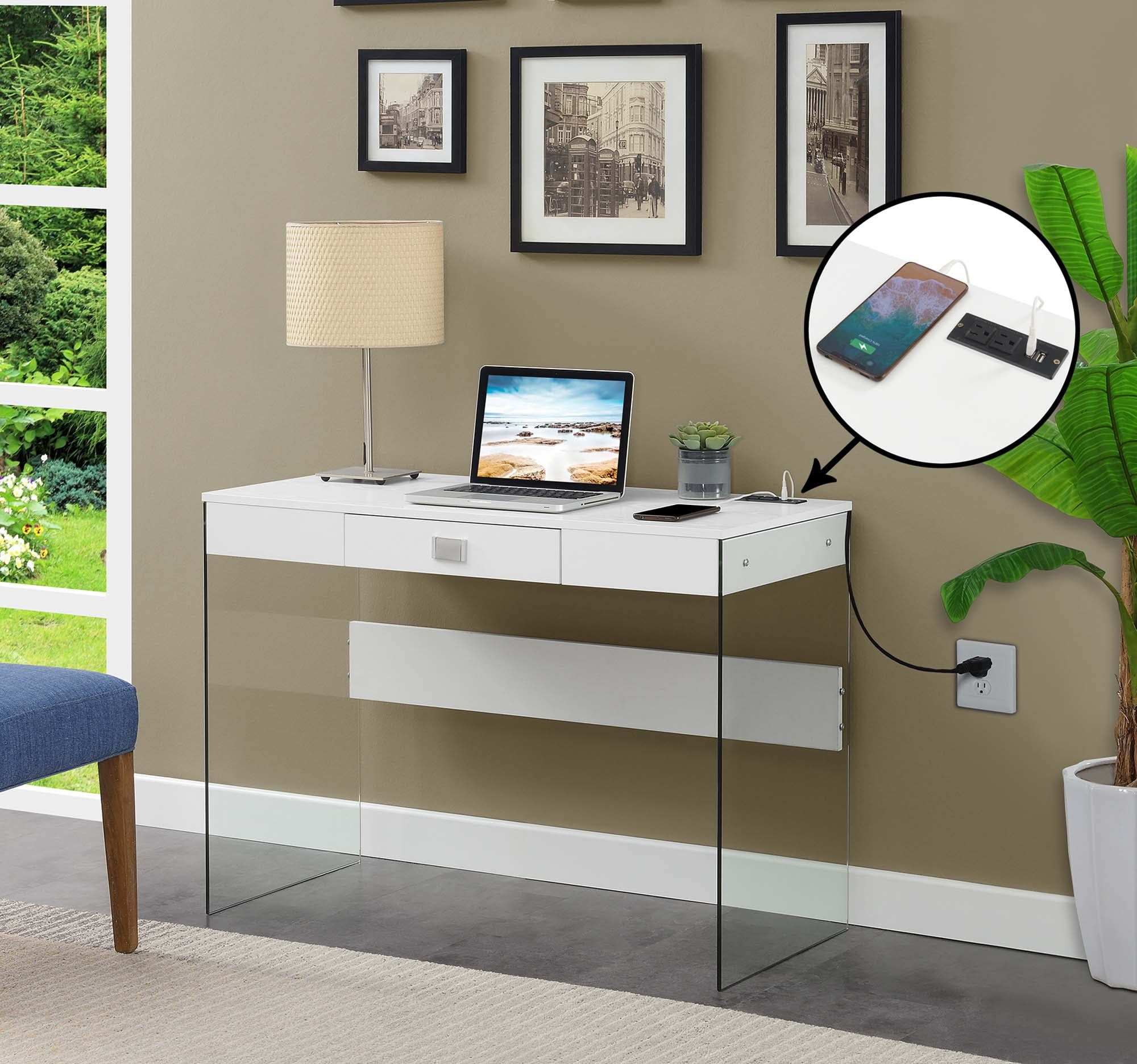 White Glass Desk with Drawer and USB Port, 42"