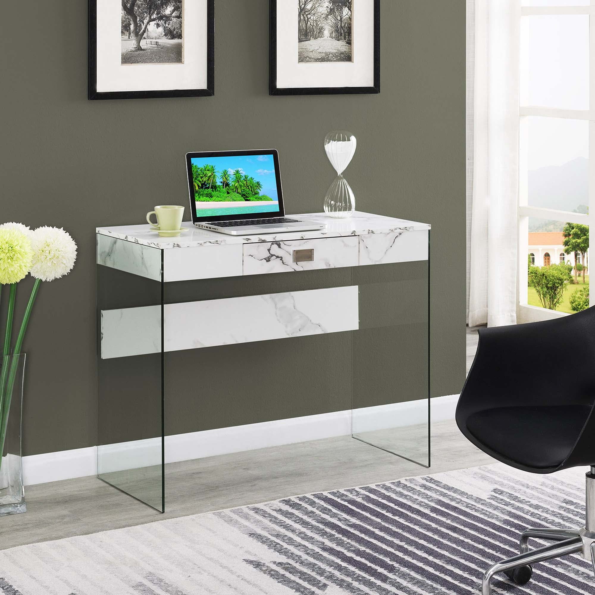 White Faux Marble and Glass Desk with Drawer, 36-inch