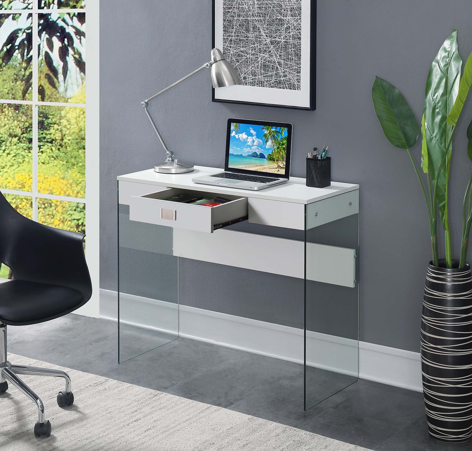 SoHo Chic White Glass Desk with Sleek Drawer, 36 in.