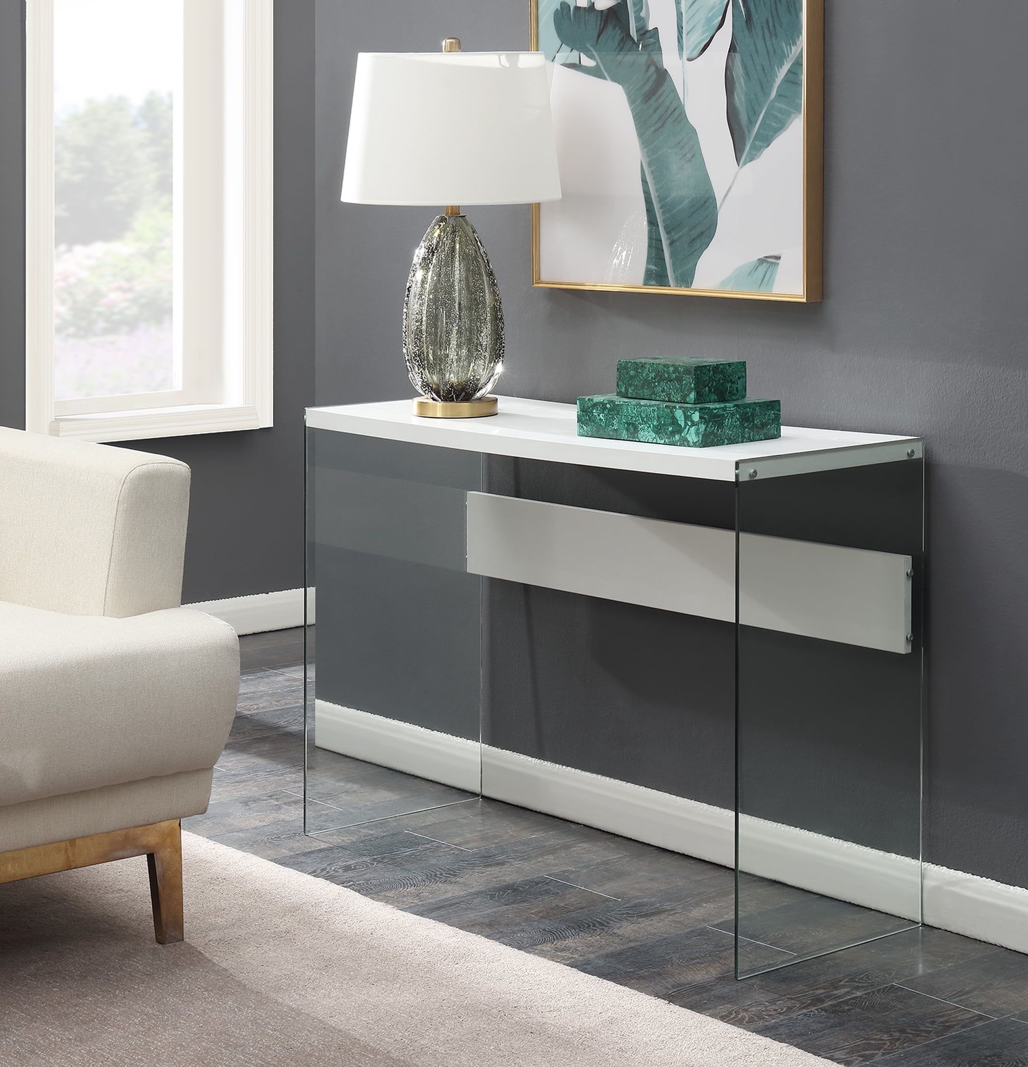 White and Glass Console Table with Storage