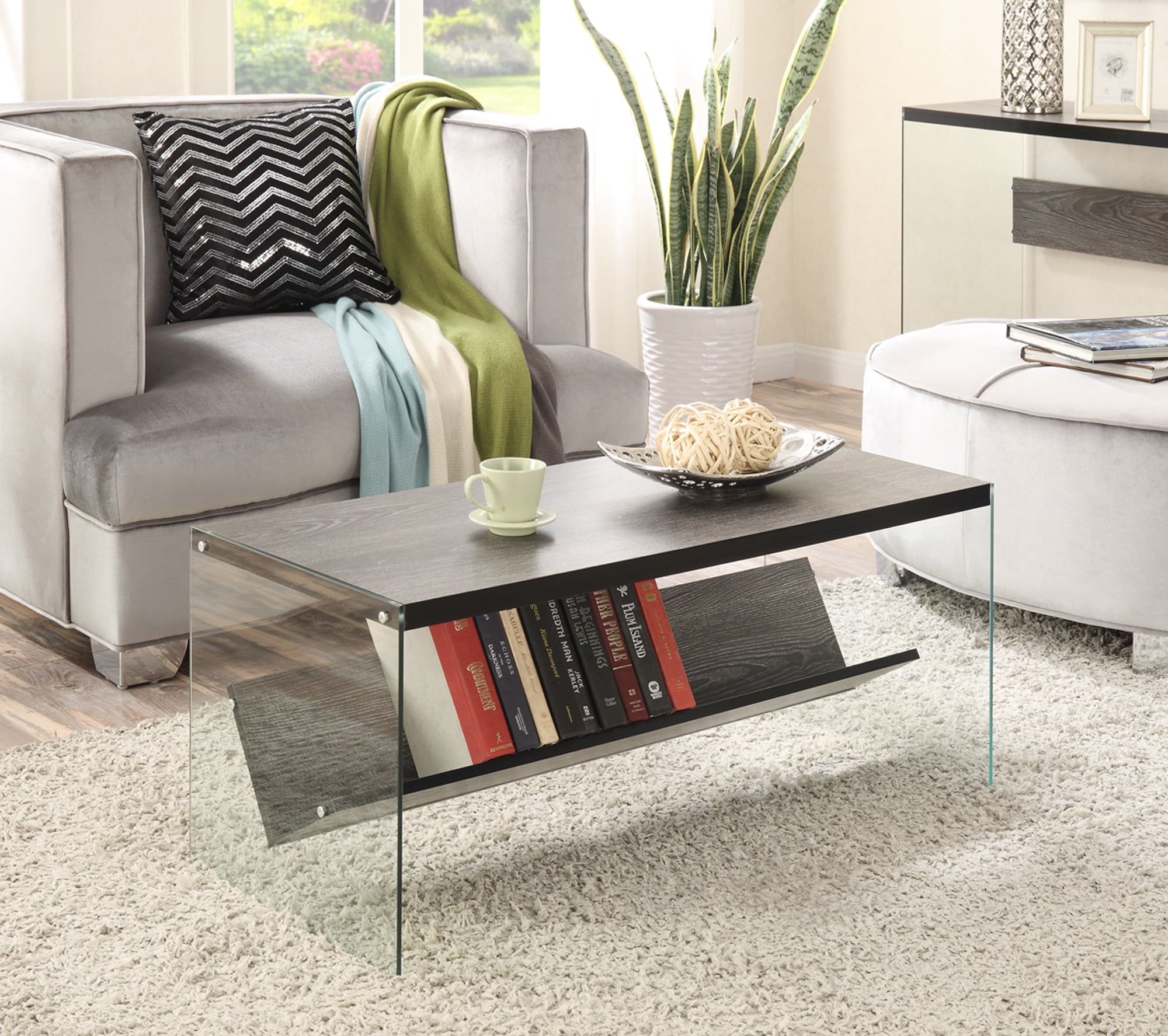 Weathered Gray and Glass Modern Coffee Table with Shelf