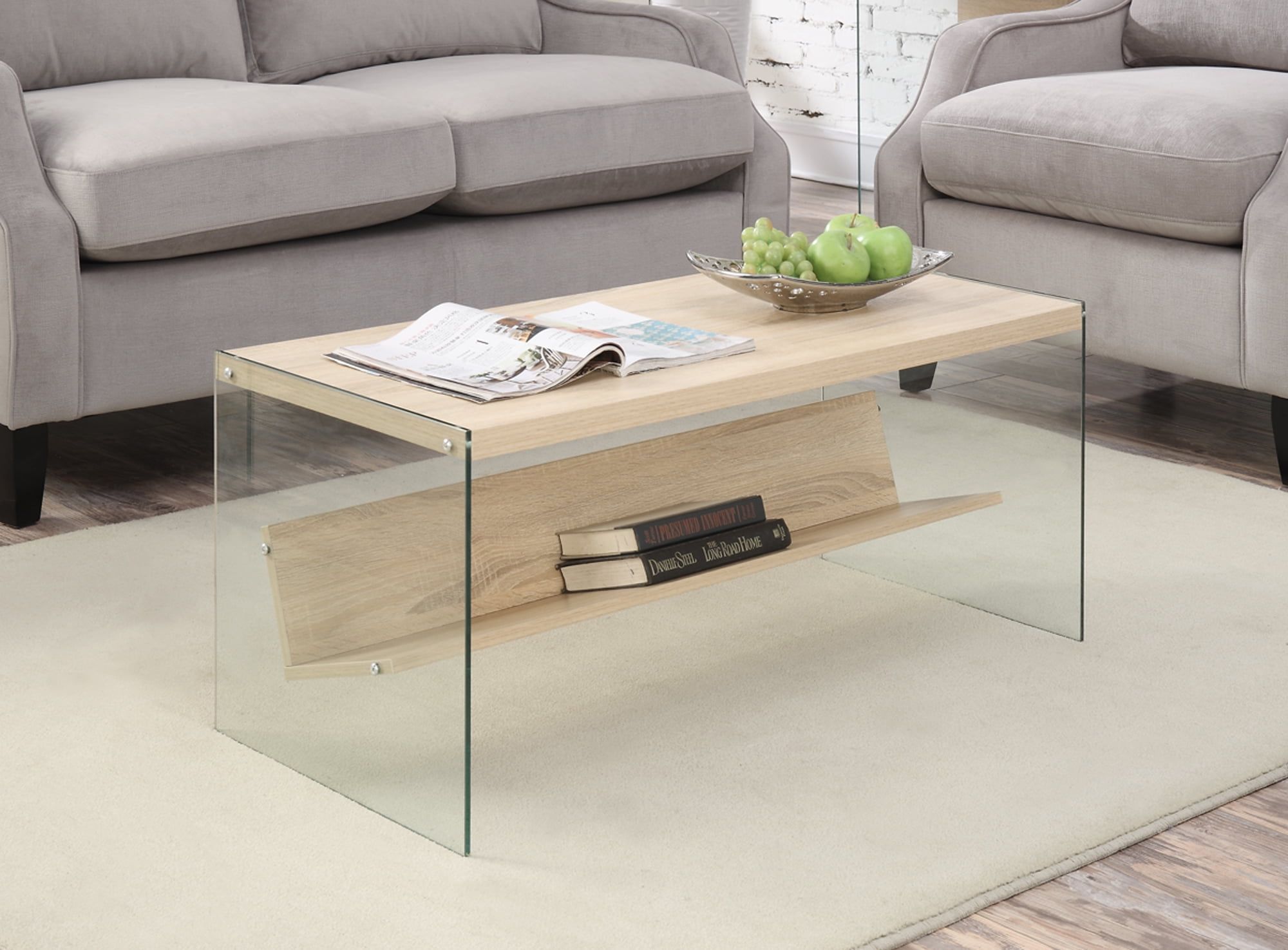 Weathered White and Glass Rectangular Coffee Table with Shelf