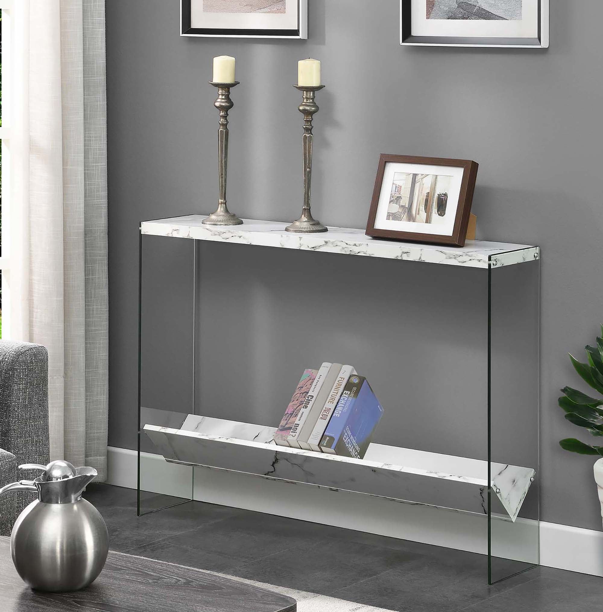 White Faux Marble and Glass Console Table with Storage Shelf