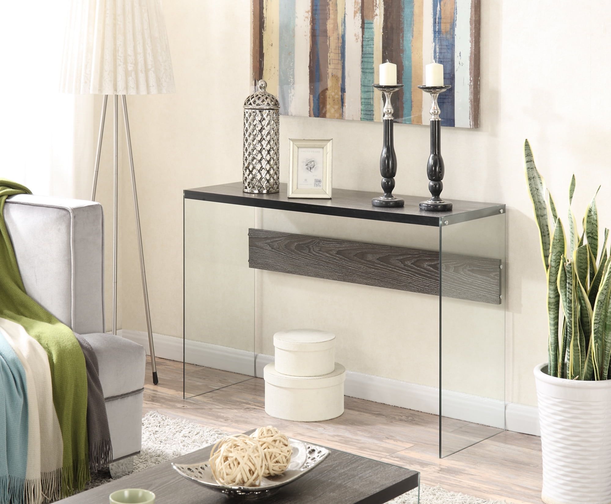 Weathered Gray Wood and Glass Console Table with Storage