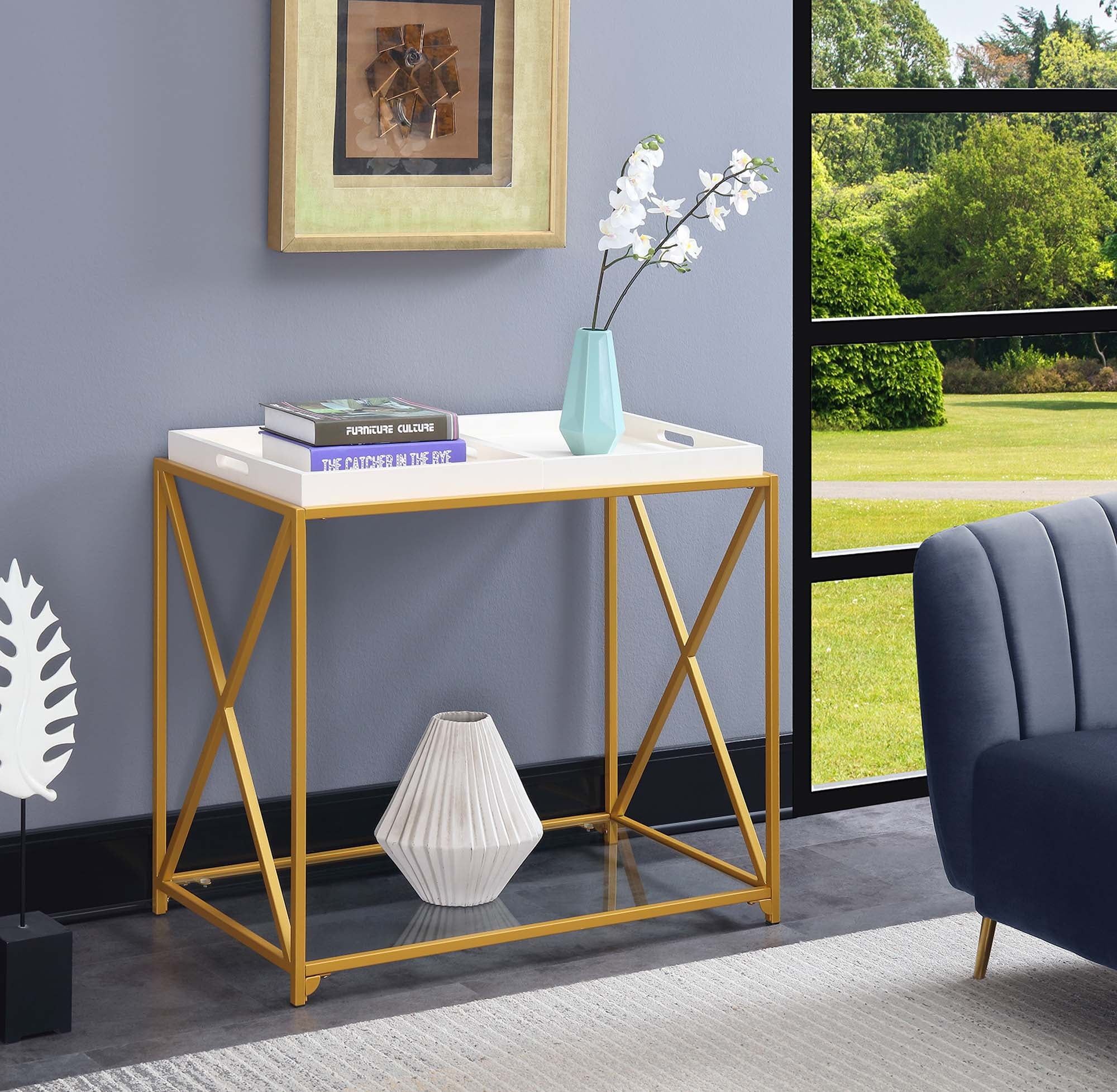 White and Gold Metal Frame Console Table with Glass Shelves