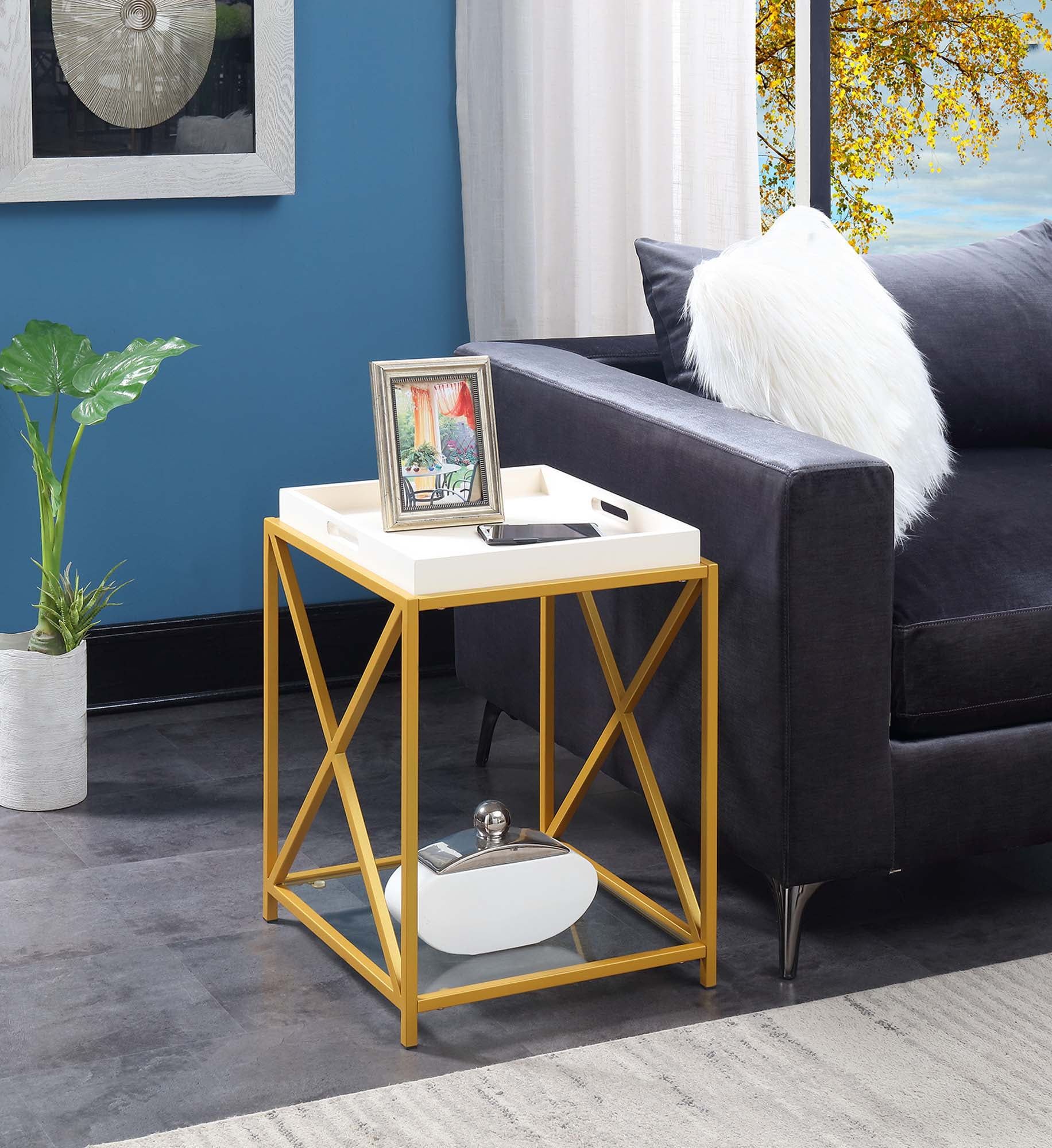 St. Andrews White & Gold Square End Table with Storage