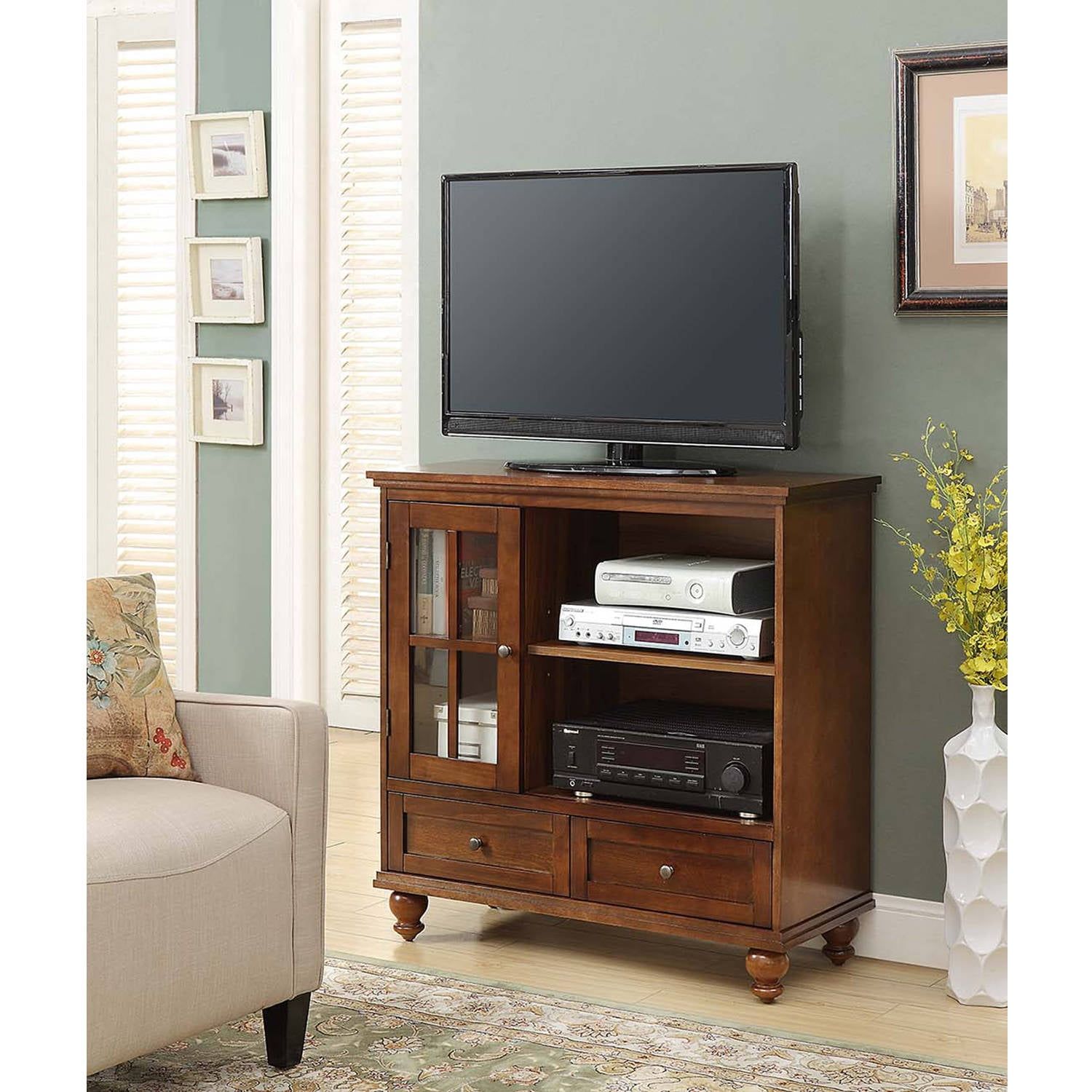 Espresso Highboy TV Stand with Tempered Glass Cabinet and Antique Brass Knobs