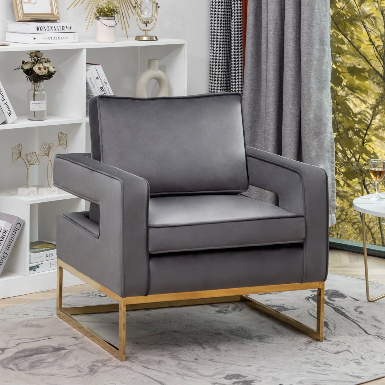 Elegant Gray Velvet Accent Chair with Gold Chrome Base