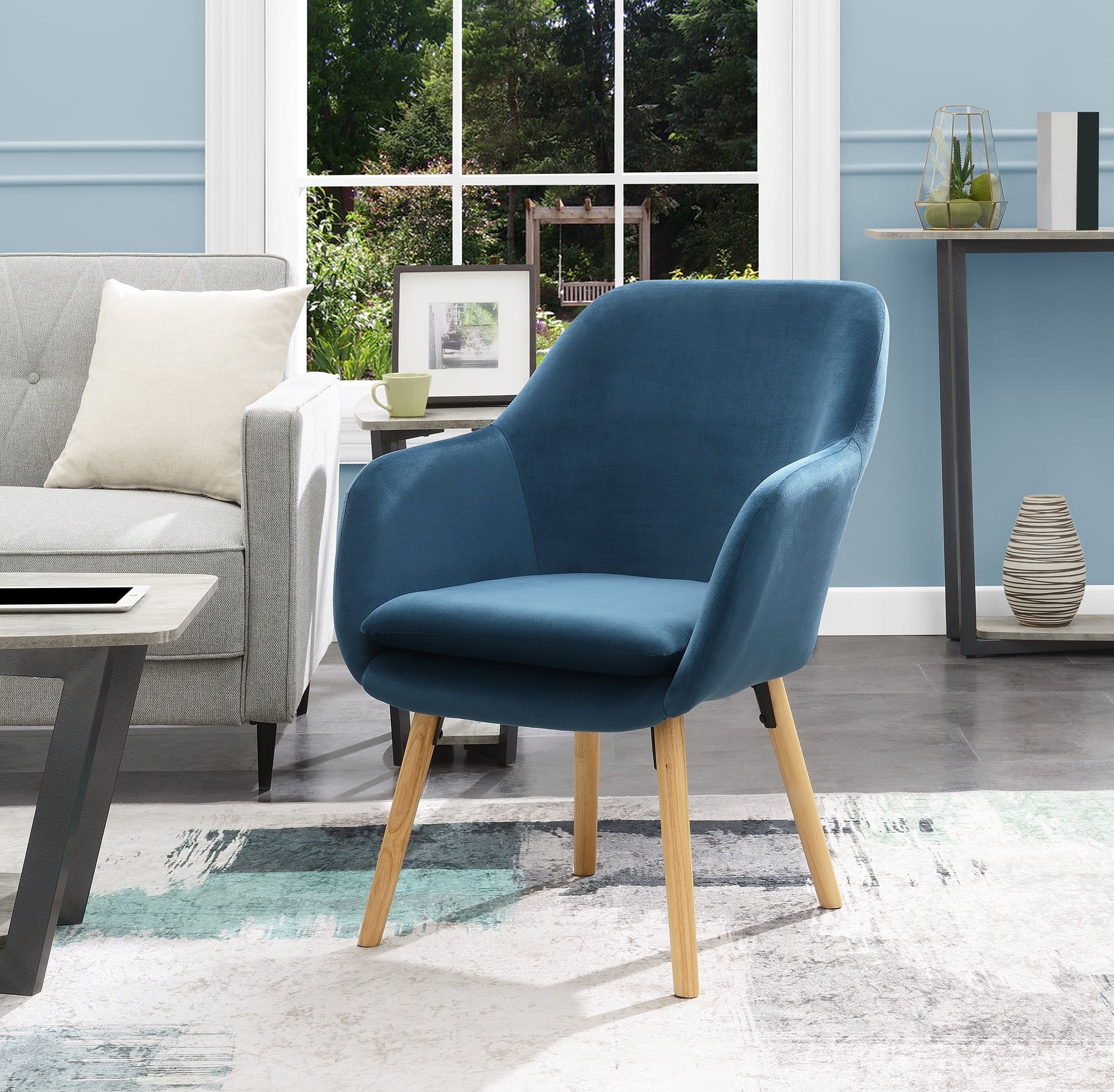 Charlotte Blue Velvet Wingback Accent Chair with Light Oak Legs