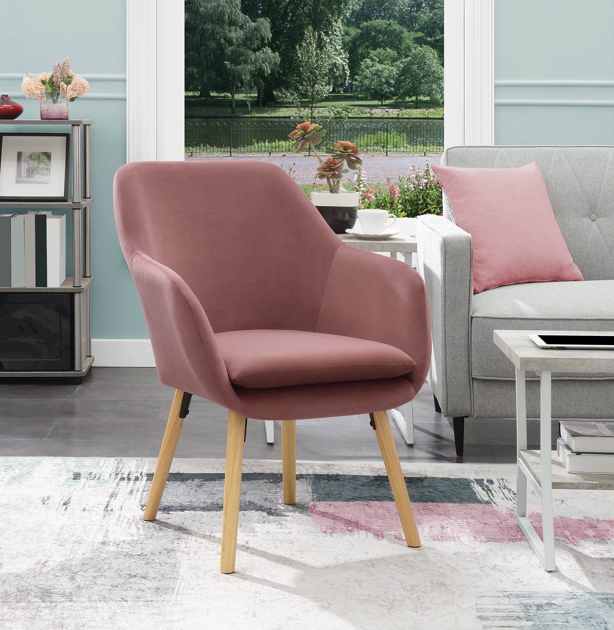 Blush Velvet Accent Chair with Oak Legs