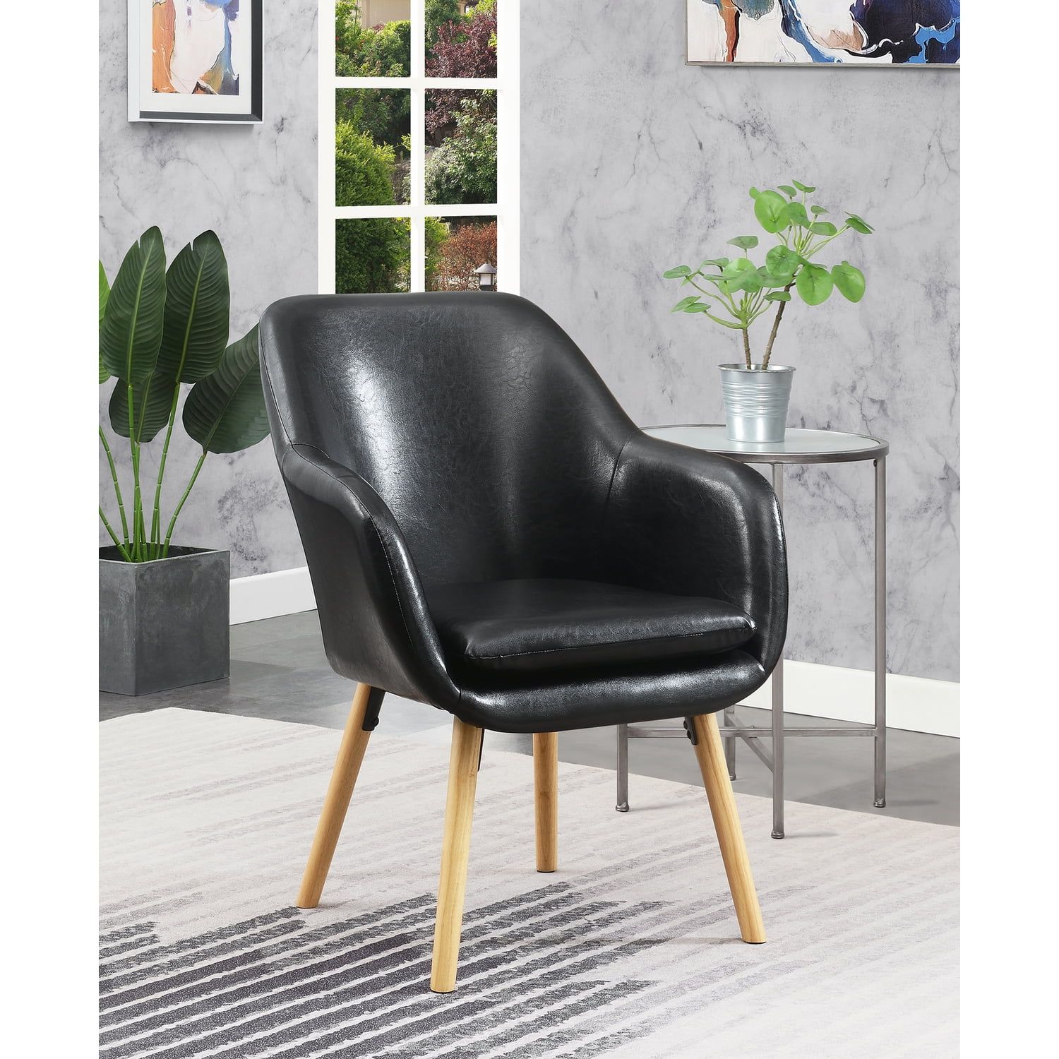 Charlotte Black Faux Leather and Velvet Wood Accent Chair