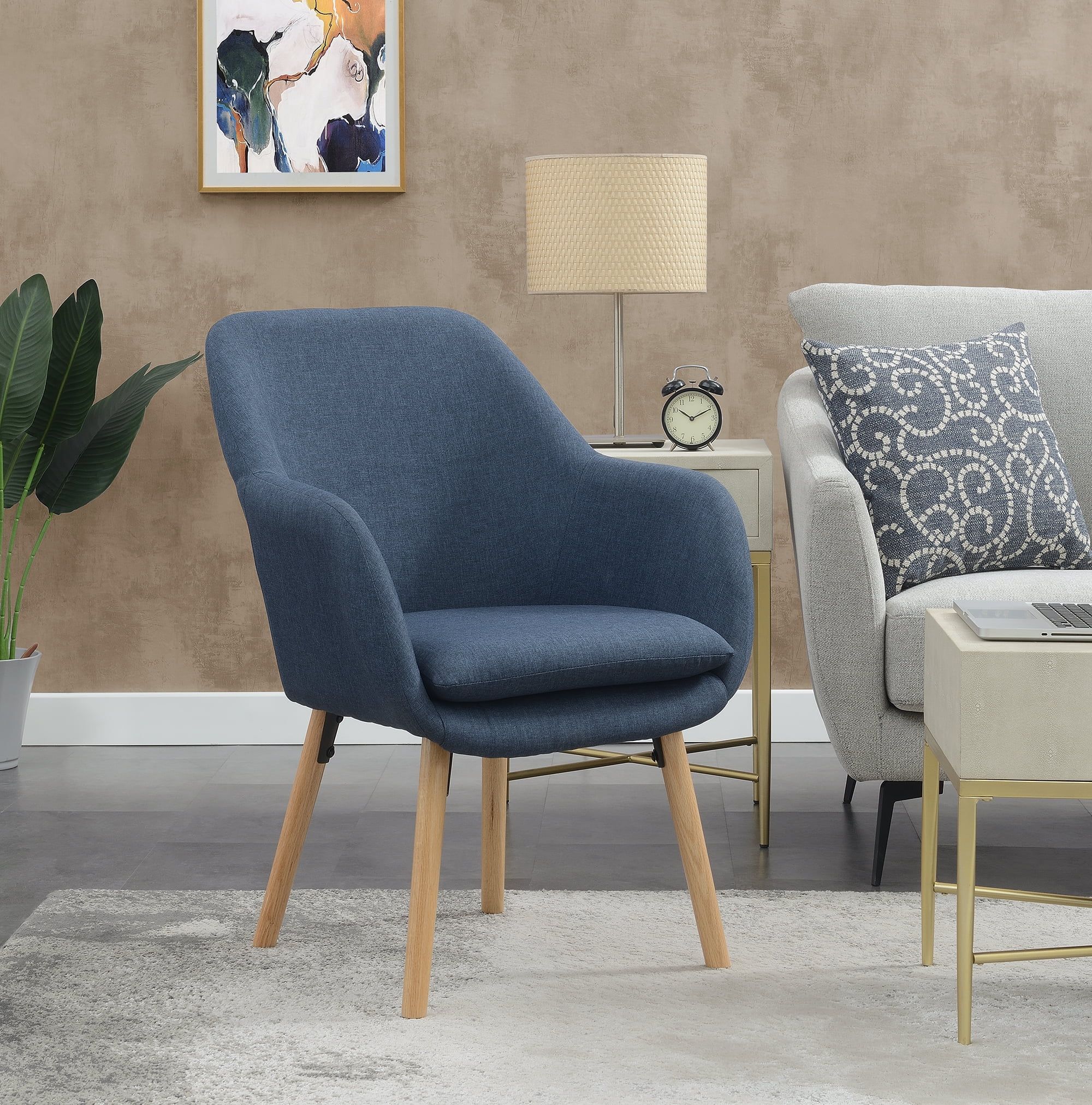 Denim Blue Velvet Wingback Accent Chair with Oak Legs