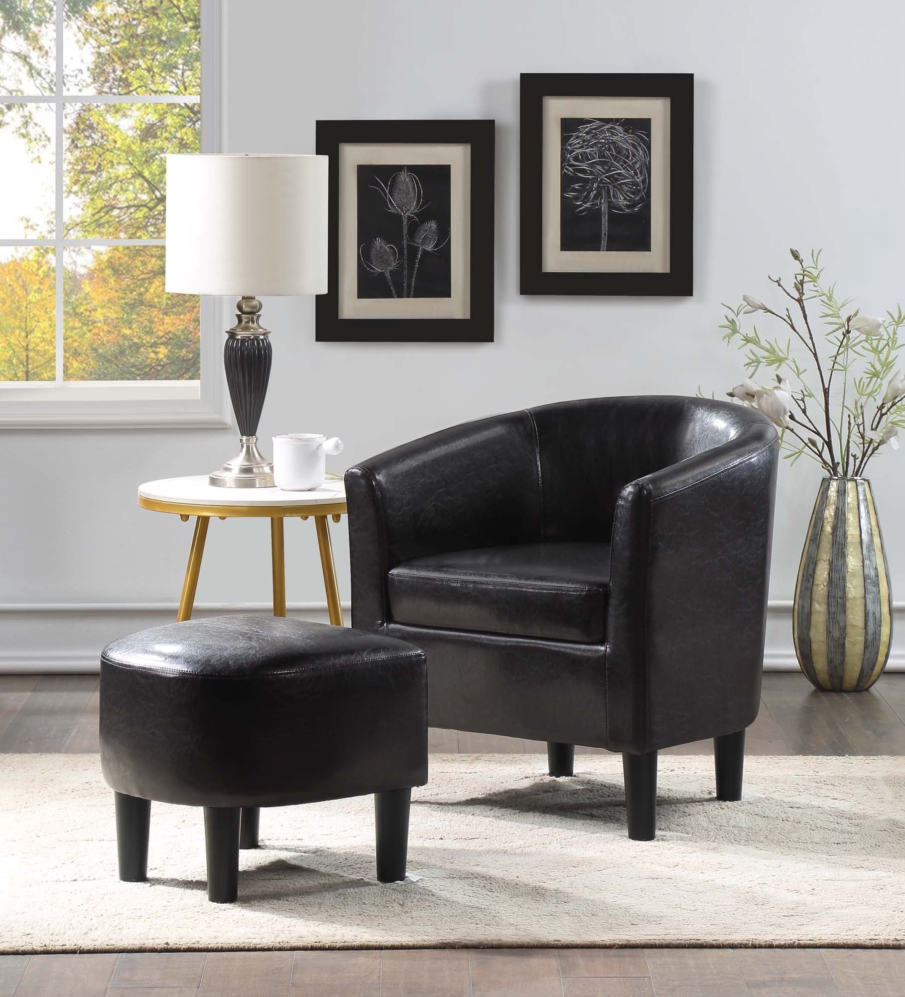 Contemporary Black Faux Leather Barrel Accent Chair and Ottoman